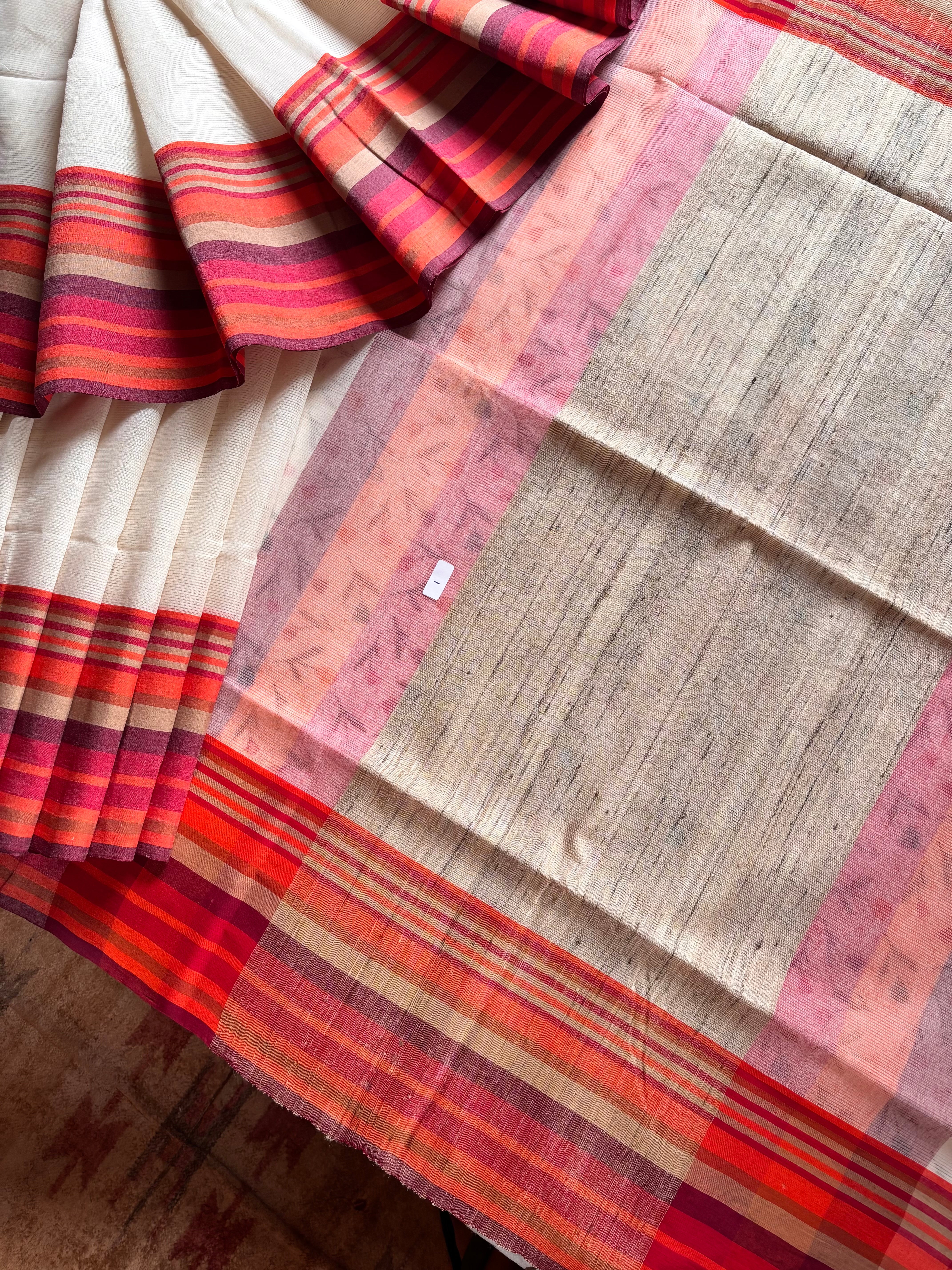 Handwoven OffWhite Red Phulia Cotton Saree