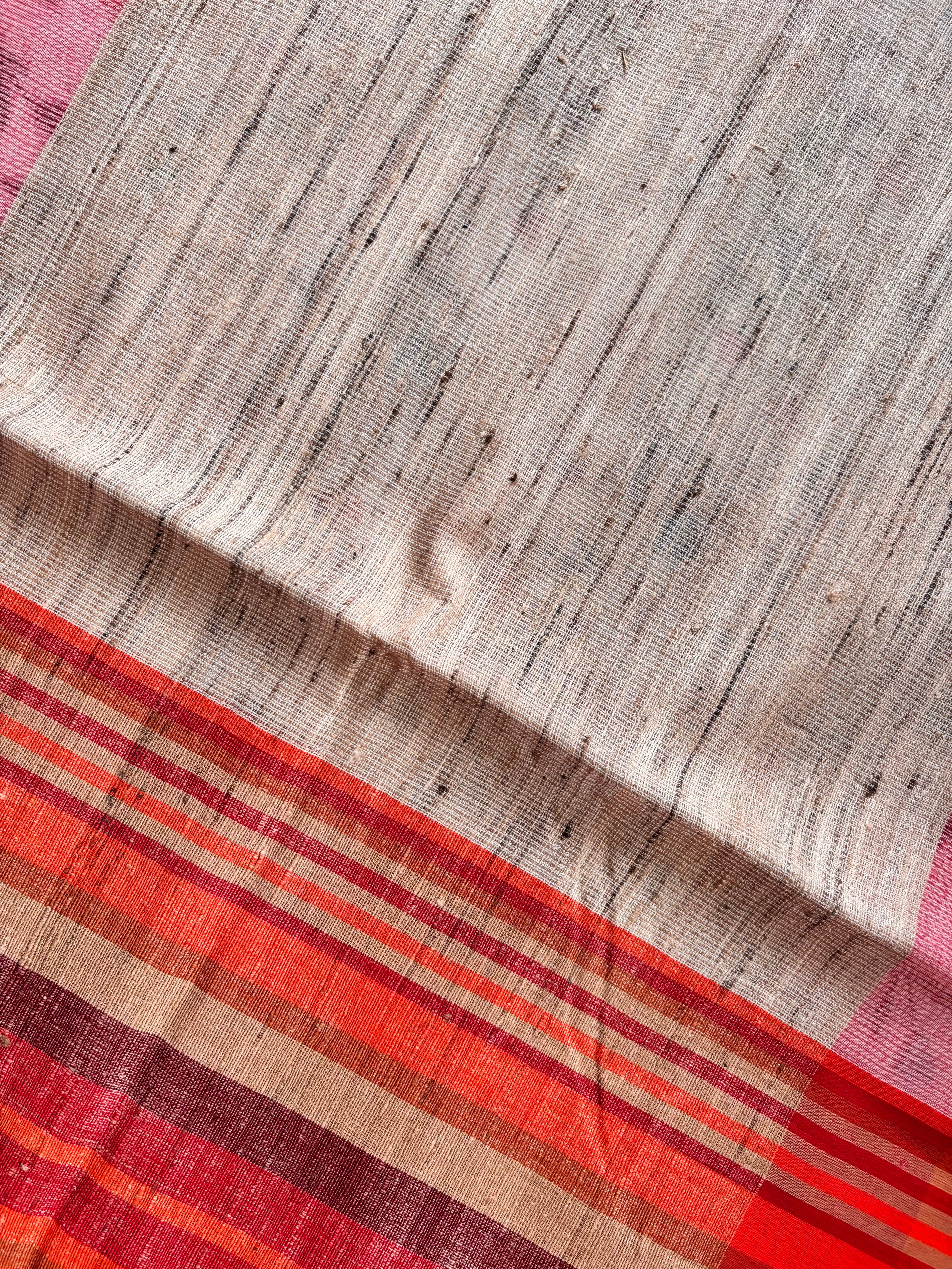 Handwoven OffWhite Red Phulia Cotton Saree