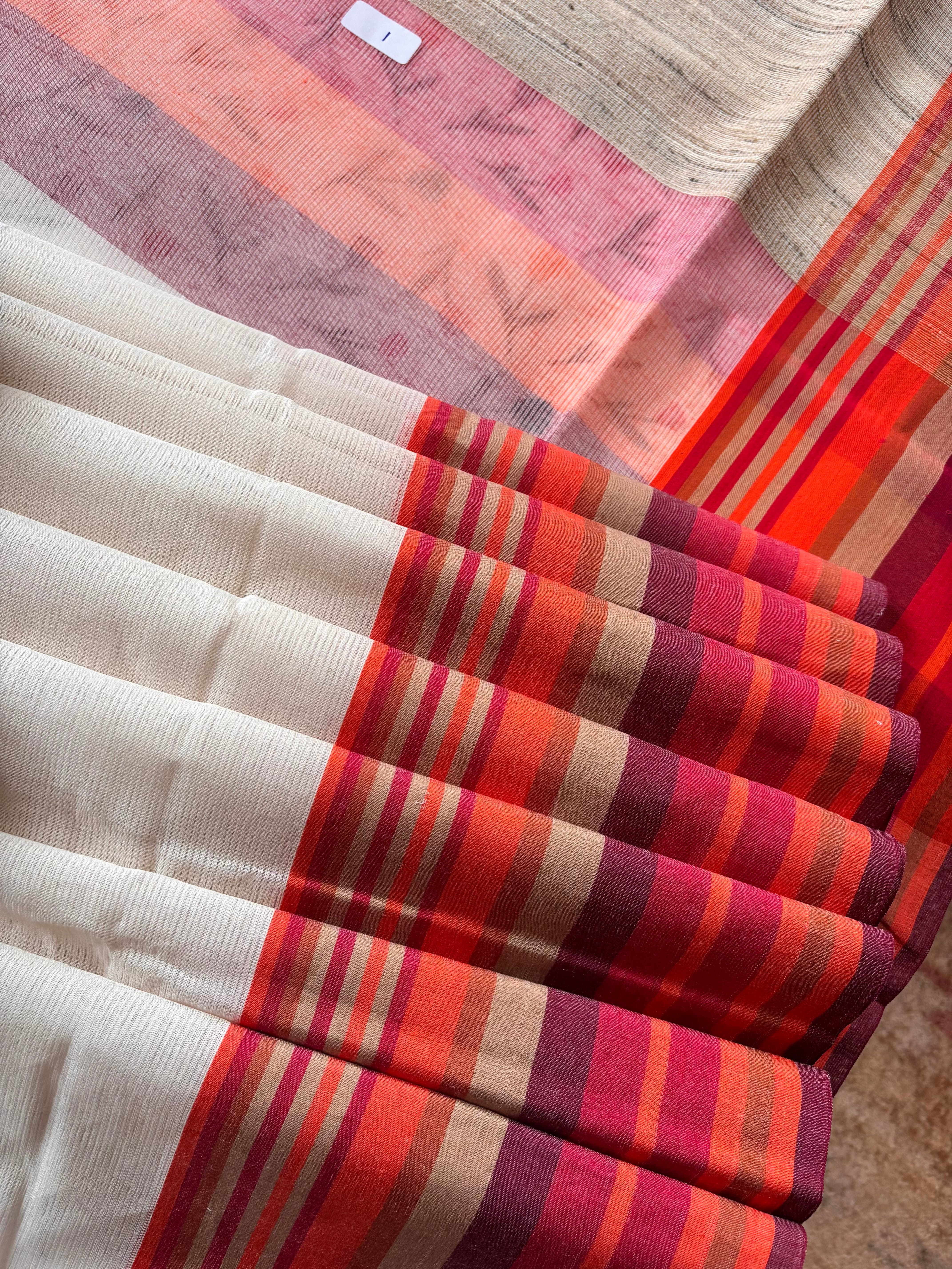 Handwoven OffWhite Red Phulia Cotton Saree