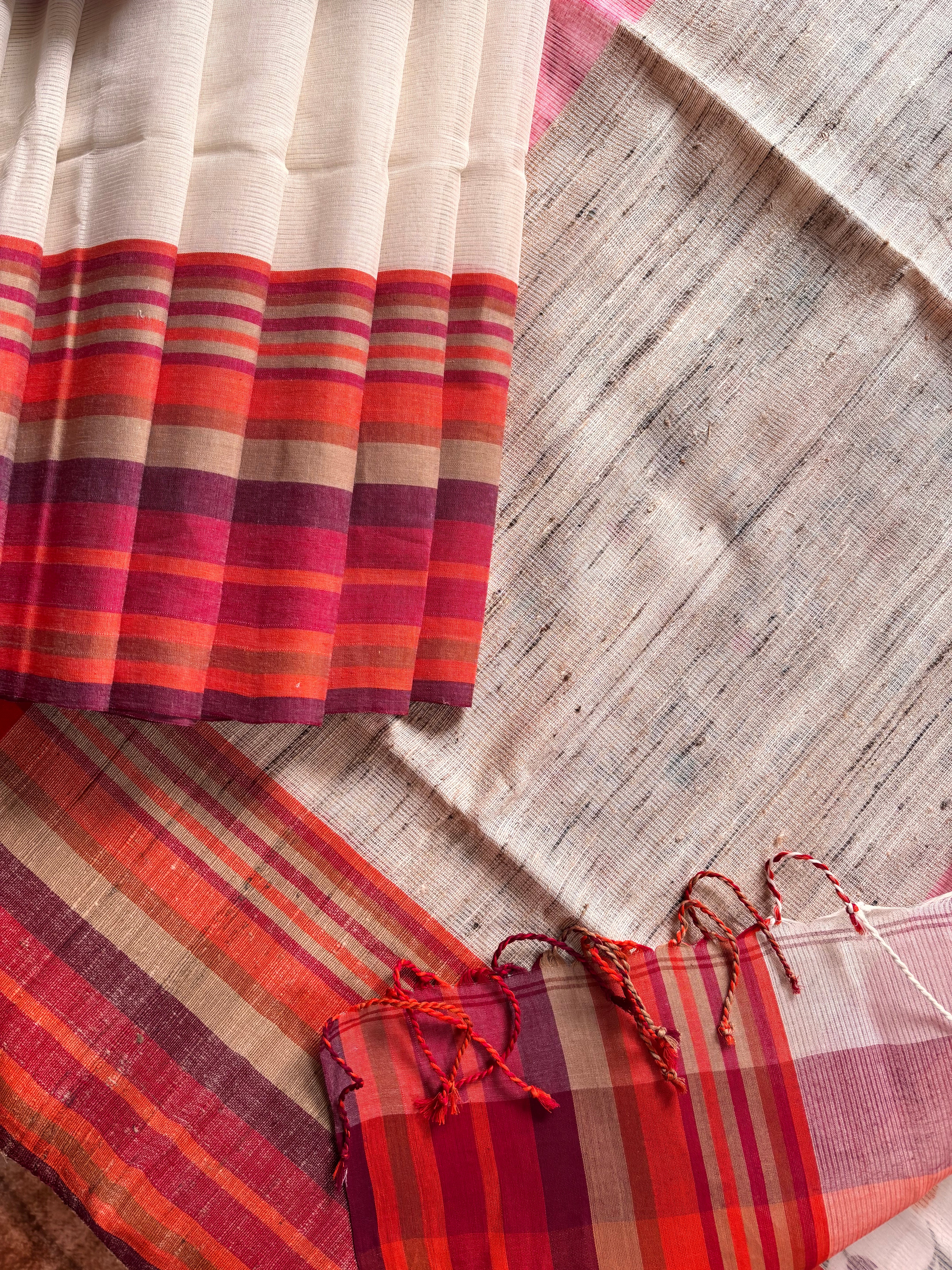 Handwoven OffWhite Red Phulia Cotton Saree