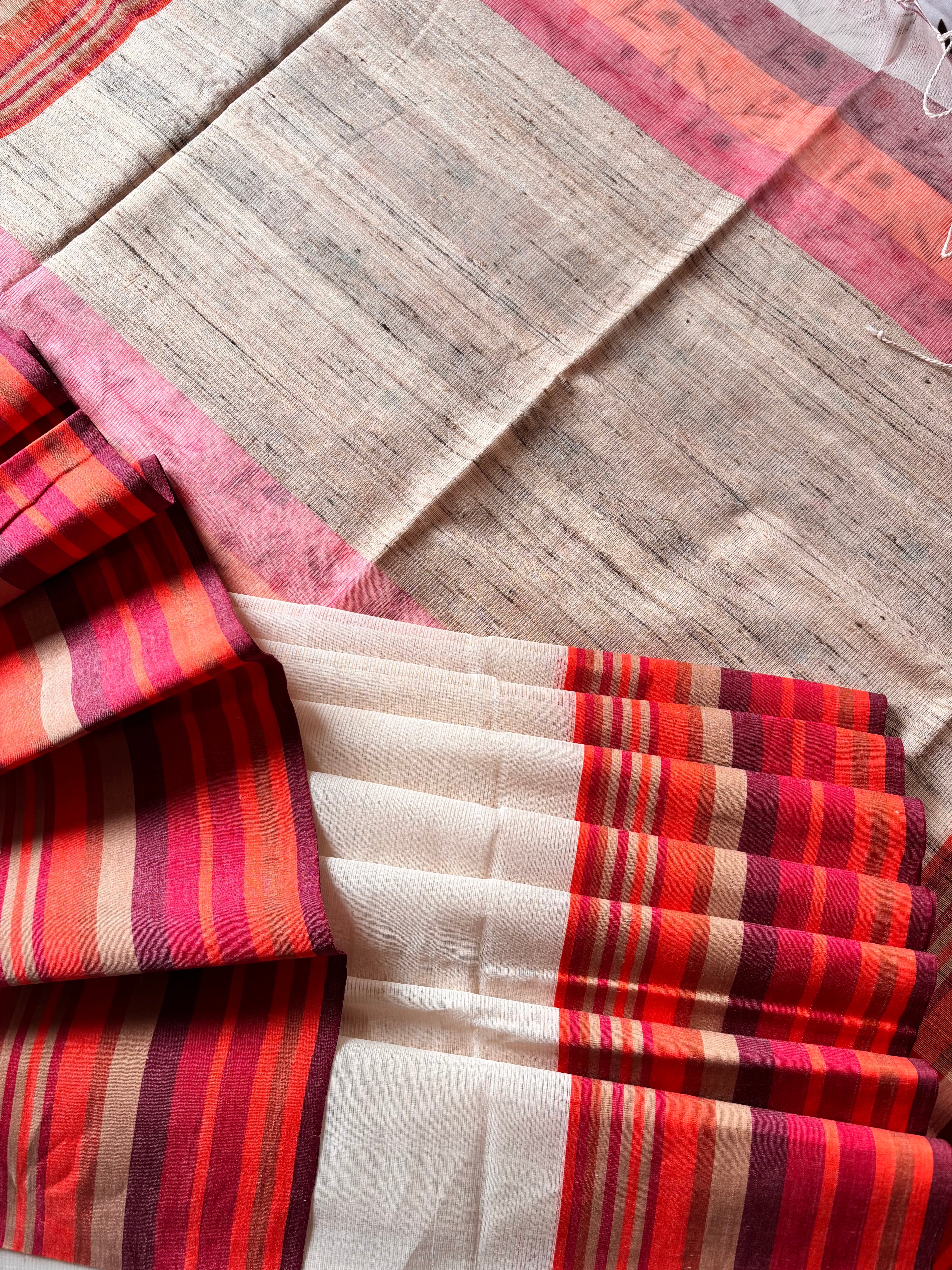 Handwoven OffWhite Red Phulia Cotton Saree