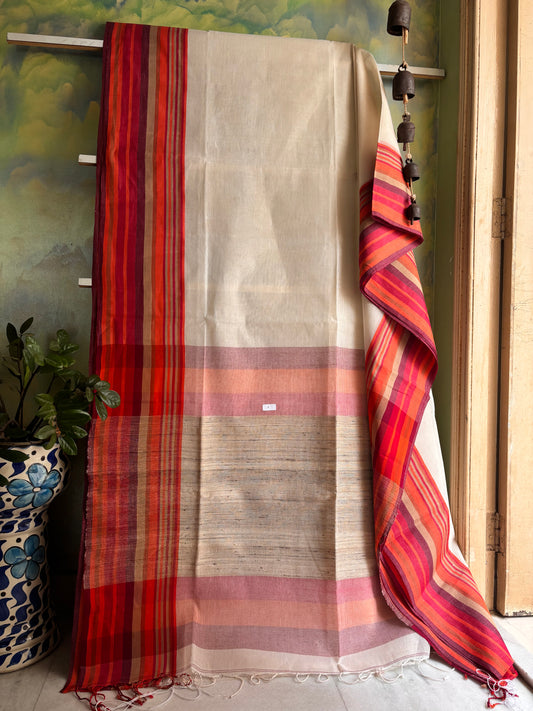 Handwoven OffWhite Red Phulia Cotton Saree