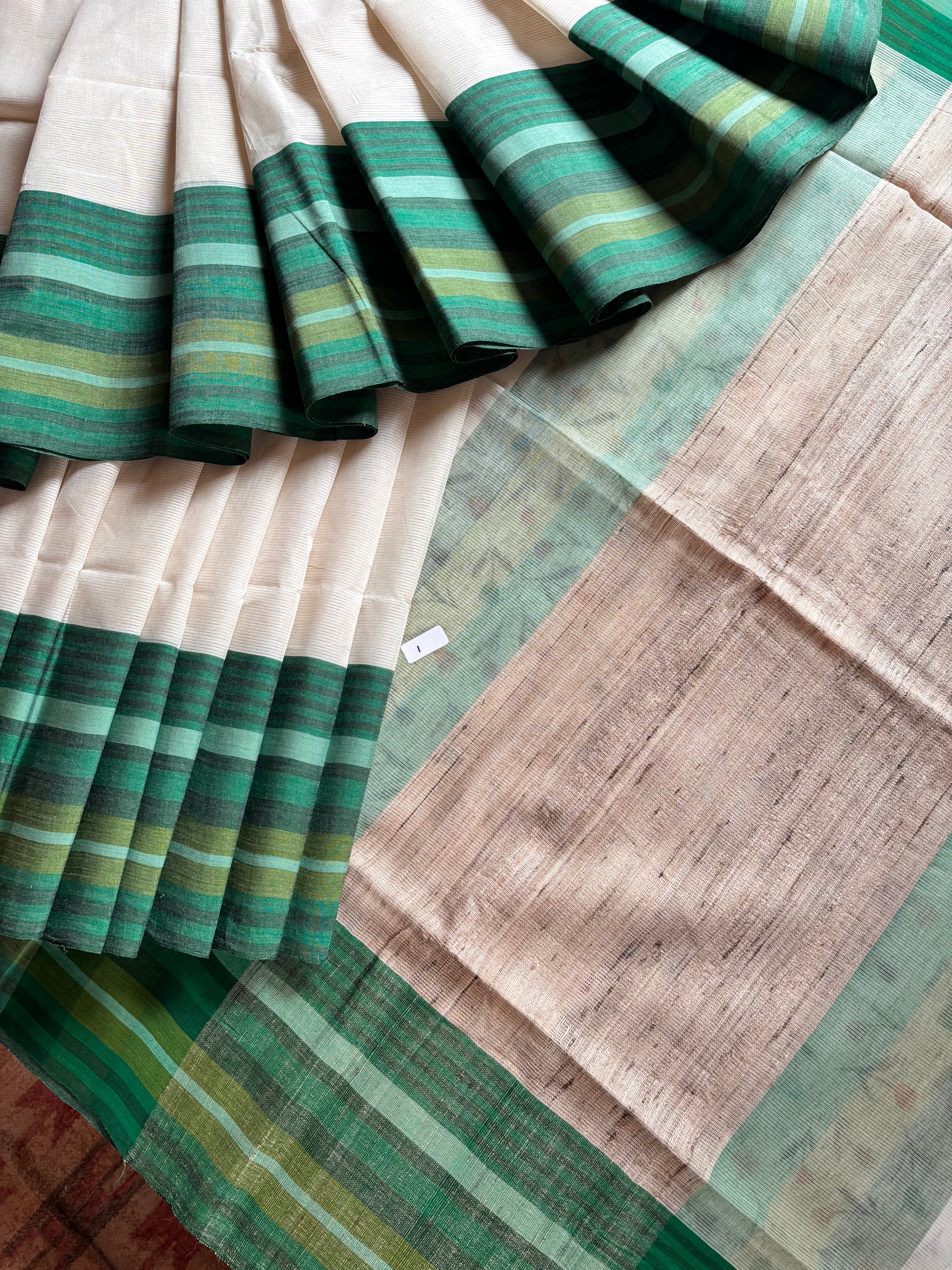 Handwoven Pearl White Green Phulia Cotton Saree