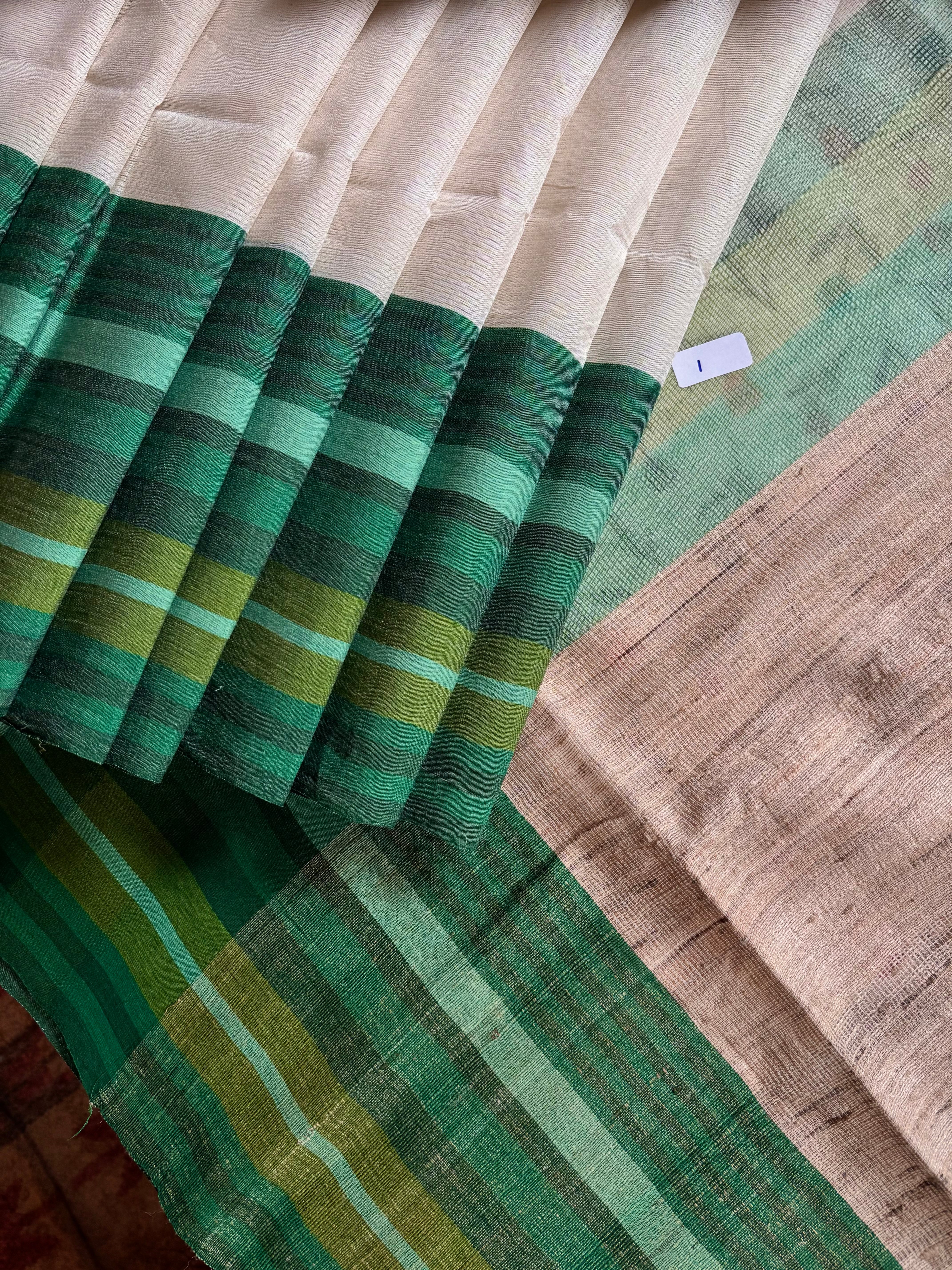 Handwoven Pearl White Green Phulia Cotton Saree