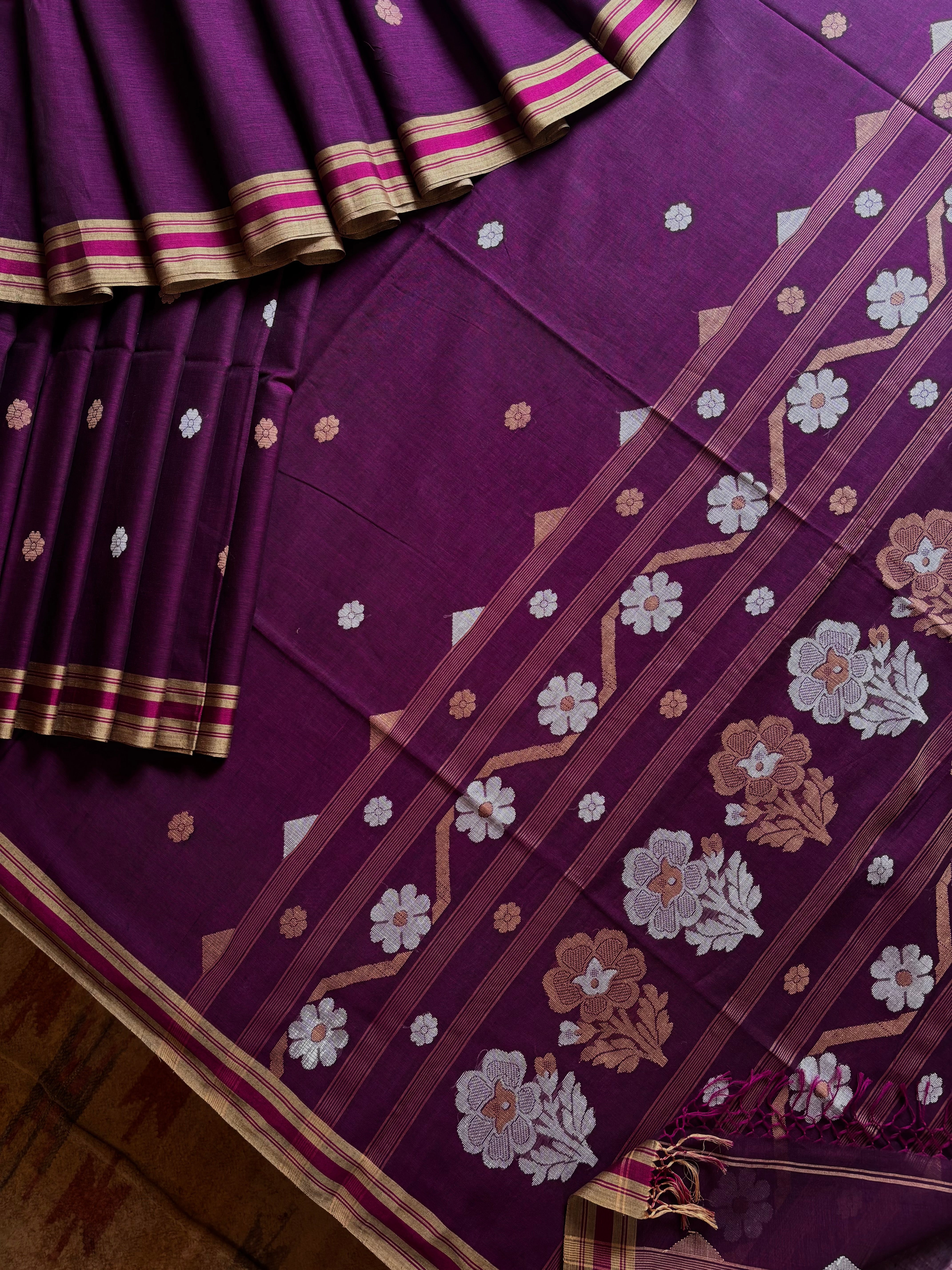 Handwoven Dark Purple Cotton Jamdani Saree