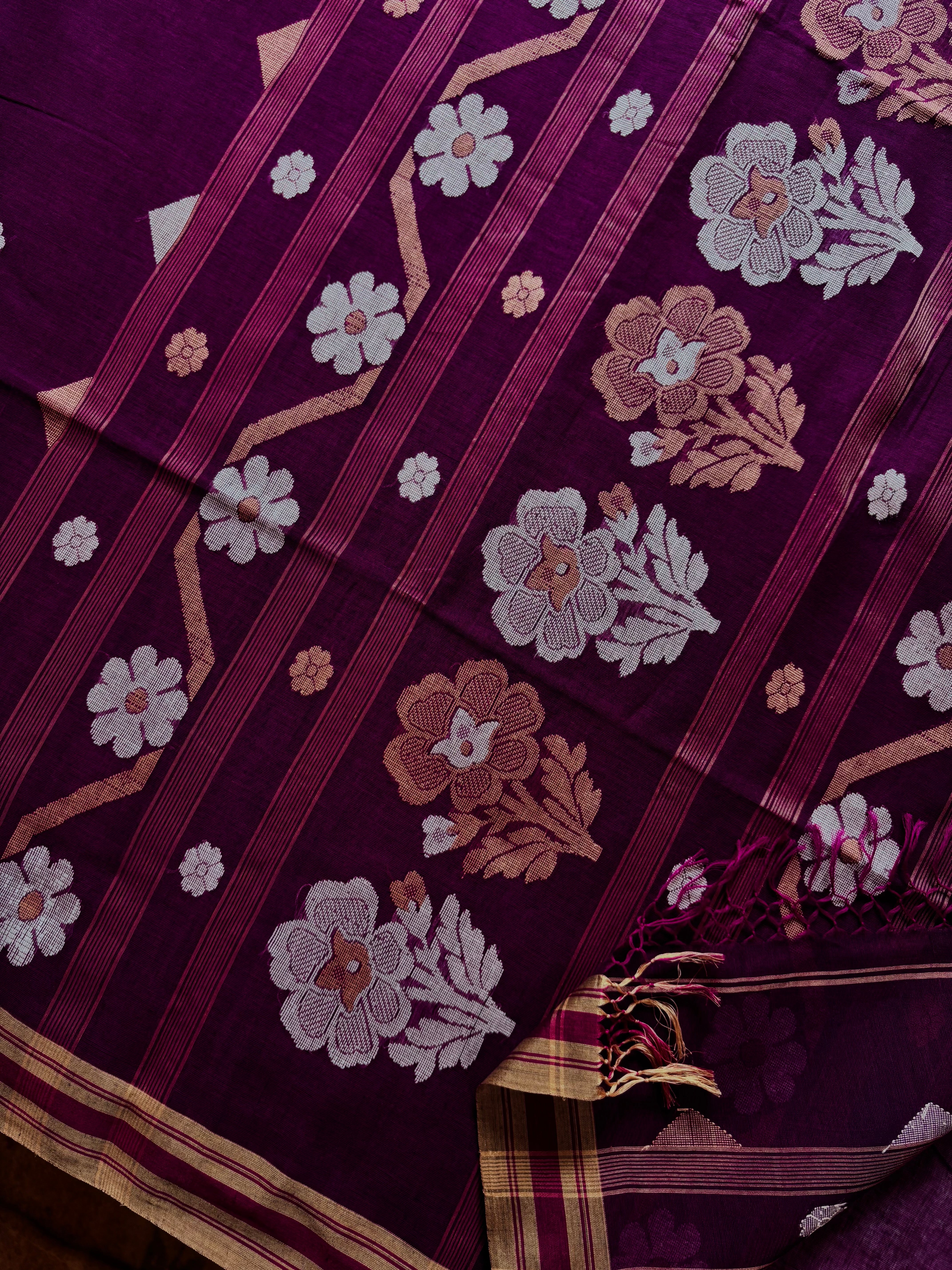 Handwoven Dark Purple Cotton Jamdani Saree