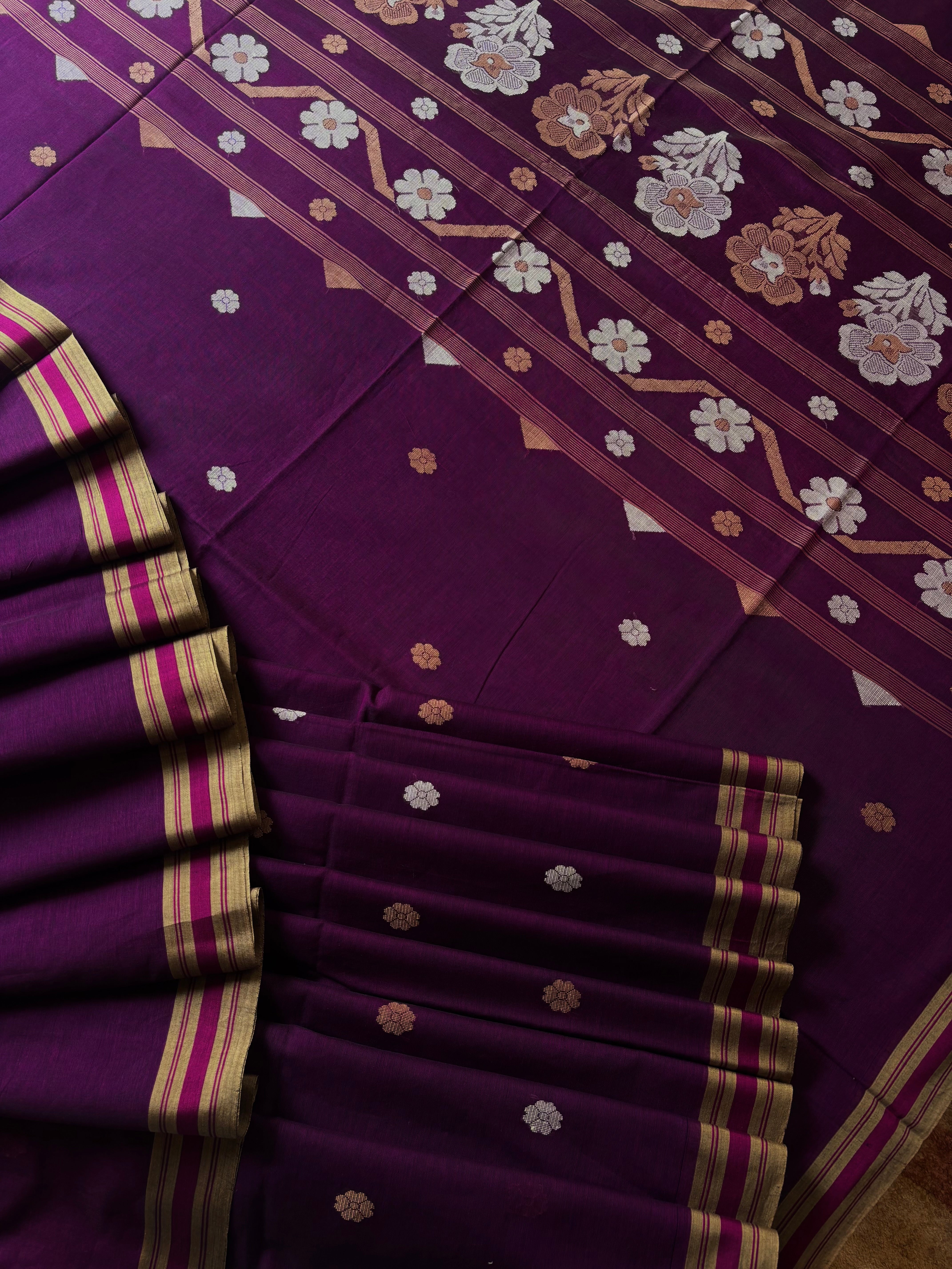 Handwoven Dark Purple Cotton Jamdani Saree