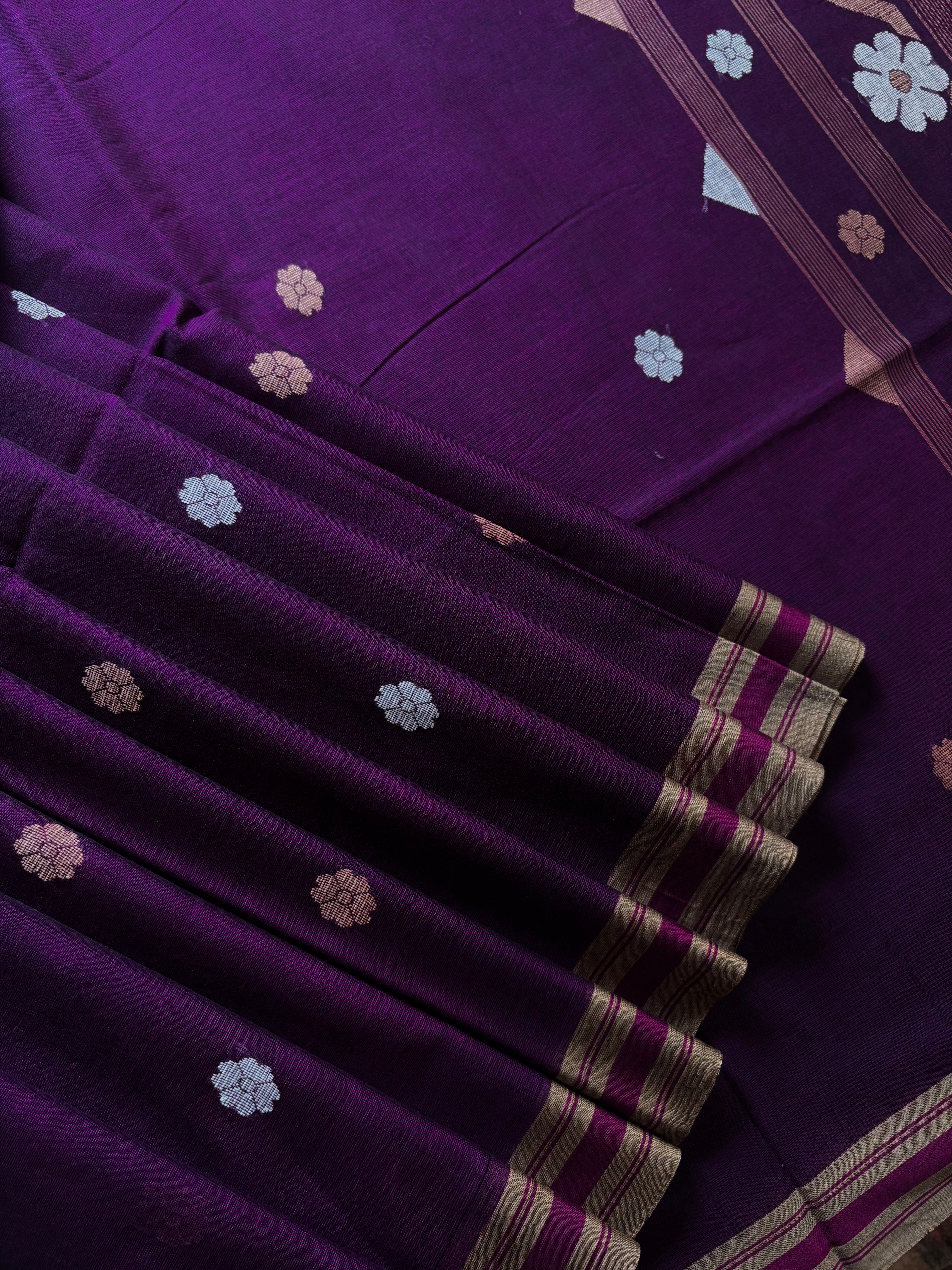 Handwoven Dark Purple Cotton Jamdani Saree