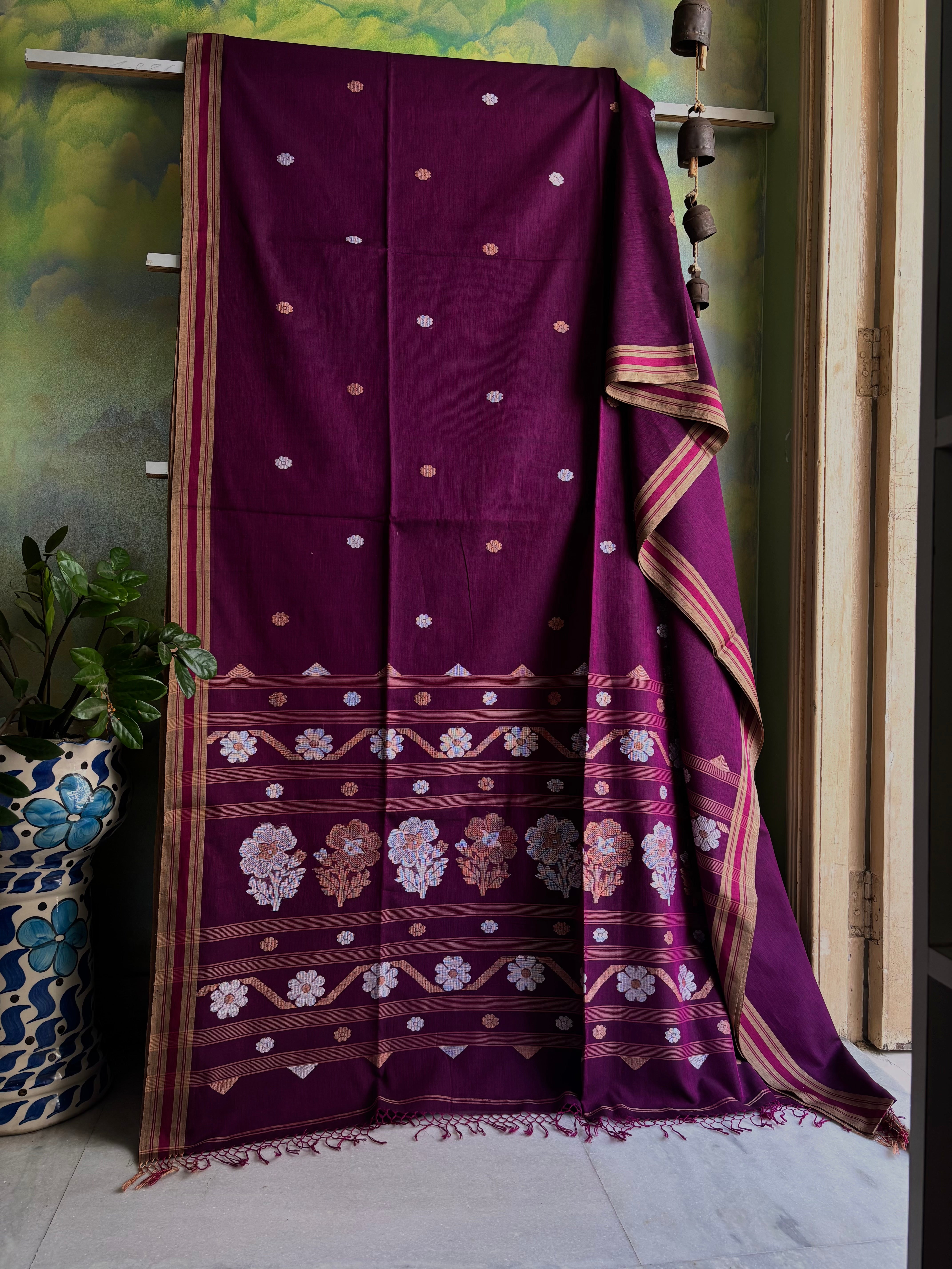 Handwoven Dark Purple Cotton Jamdani Saree