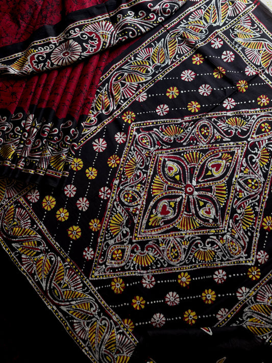 Hand Made Maroonish Red Mul Cotton Batik Saree