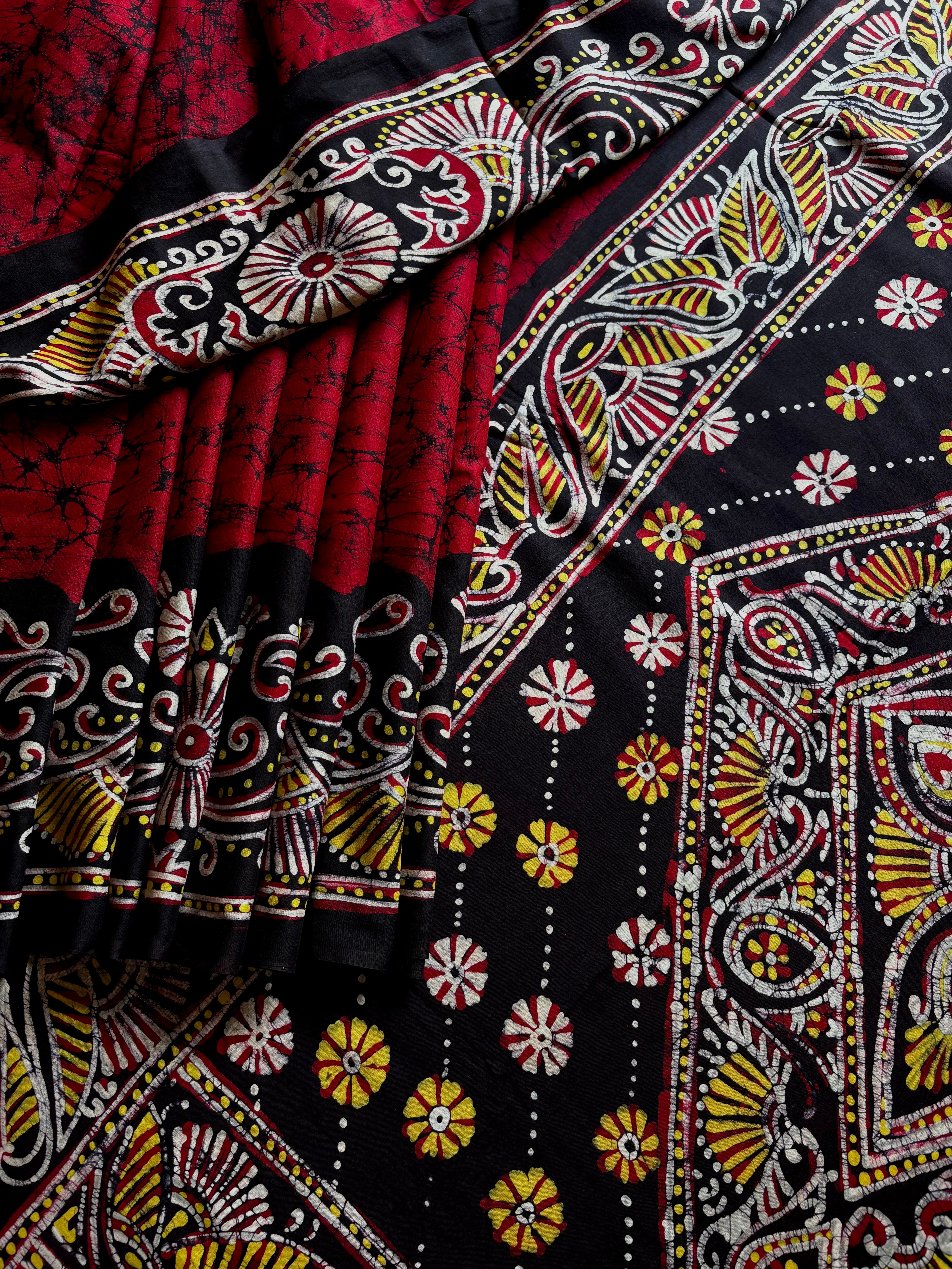 Hand Made Maroonish Red Mul Cotton Batik Saree