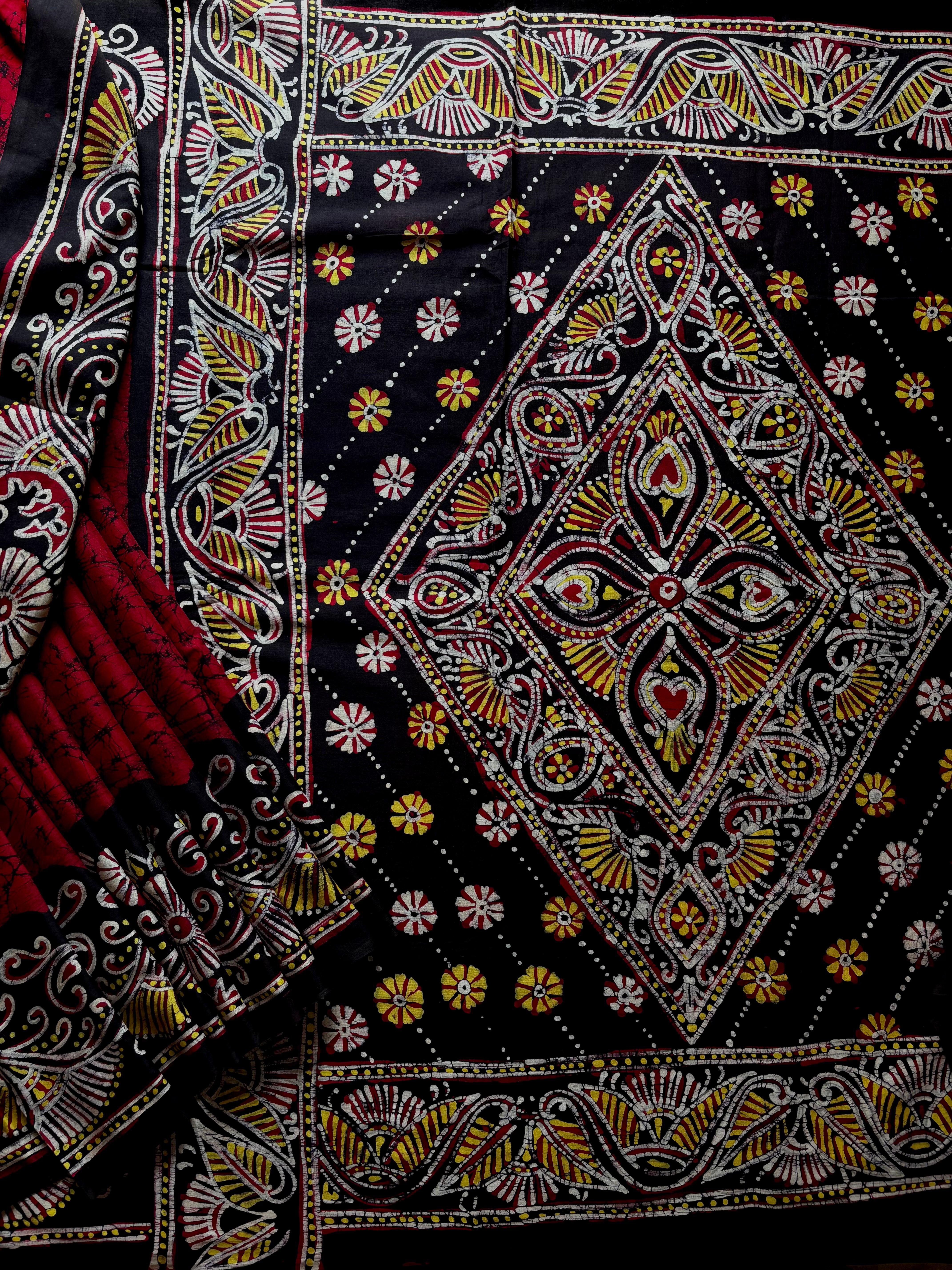 Hand Made Maroonish Red Mul Cotton Batik Saree
