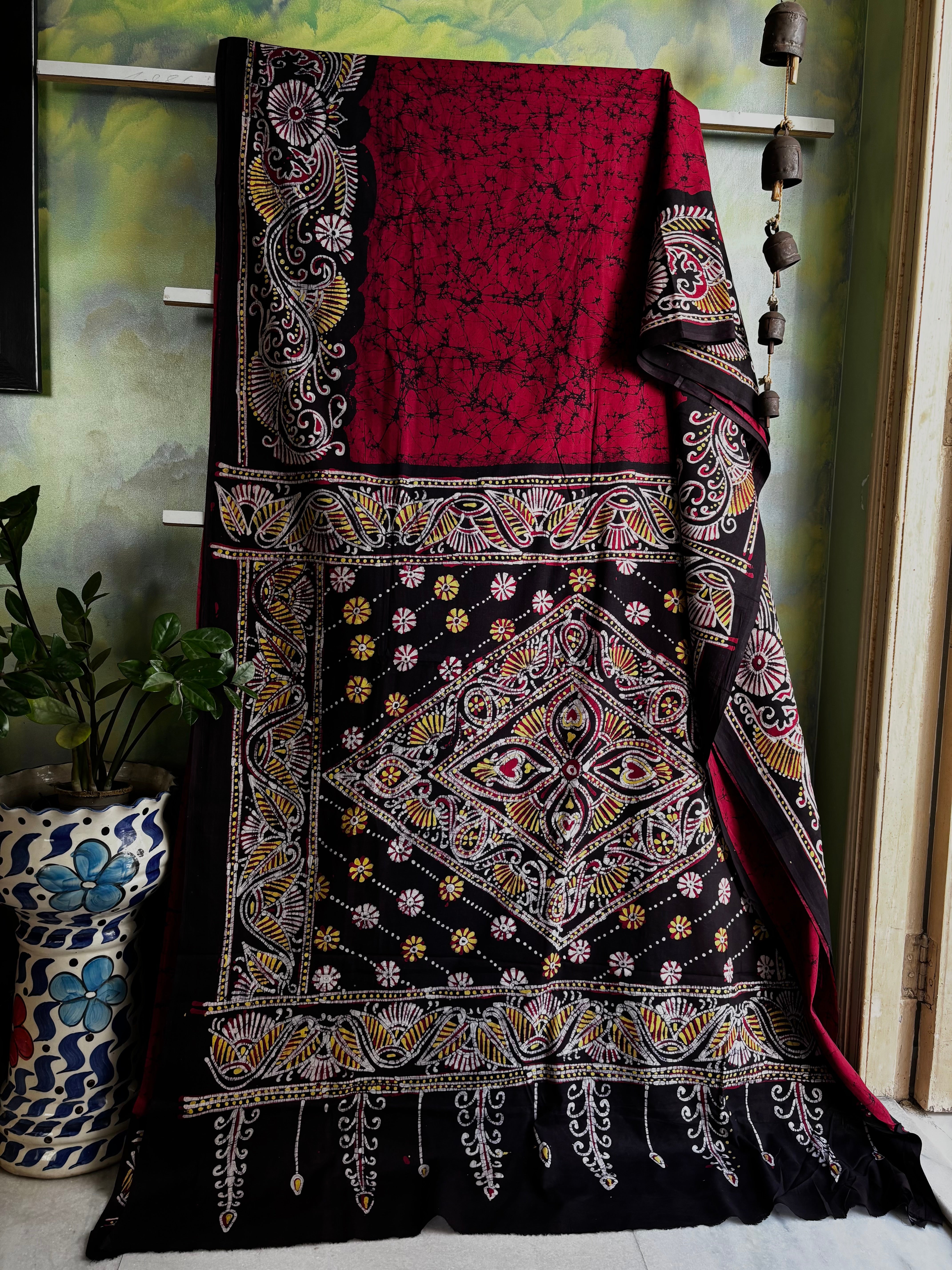 Hand Made Maroonish Red Mul Cotton Batik Saree