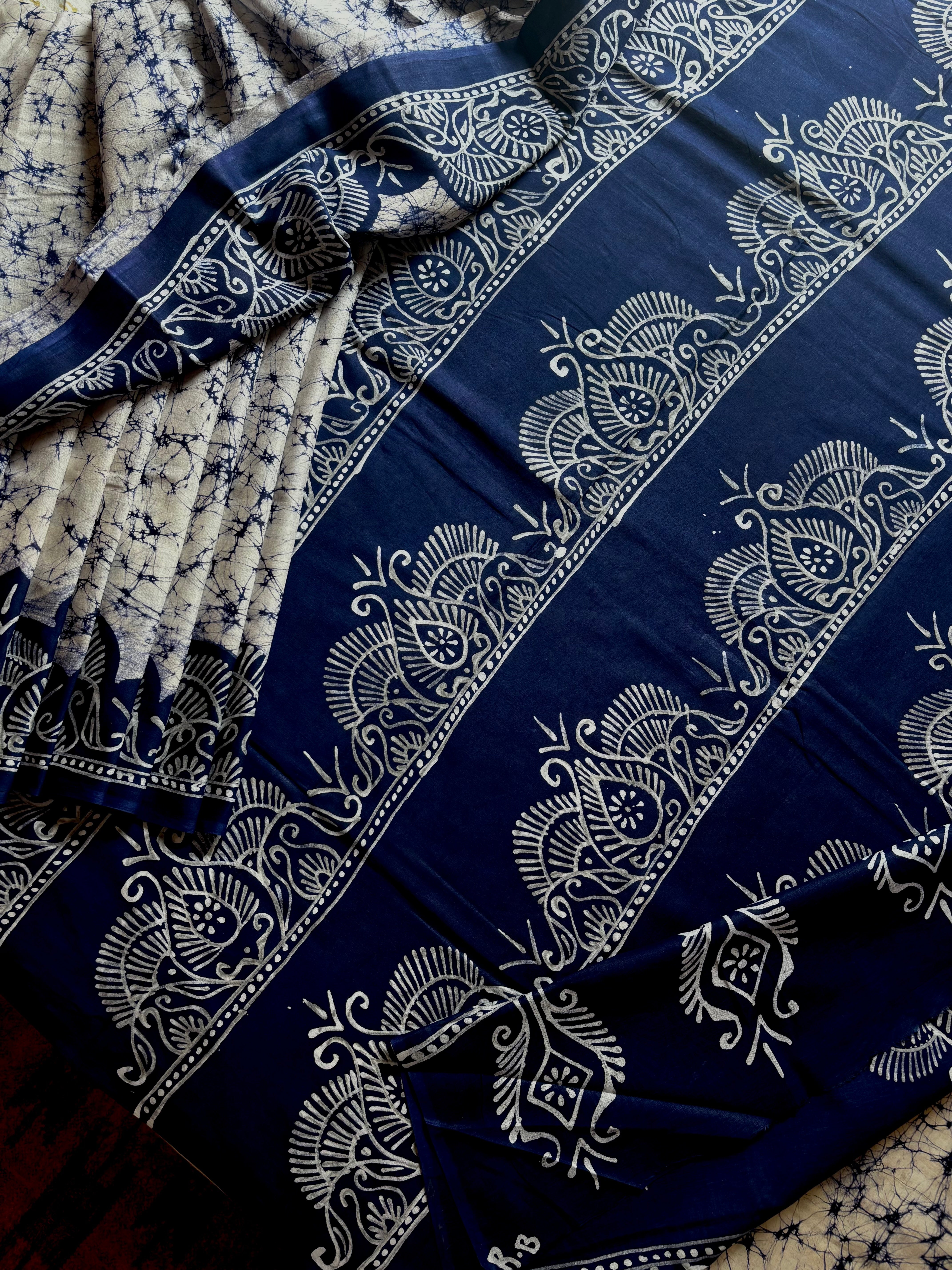 Hand Batik White Blue Mul Cotton Saree