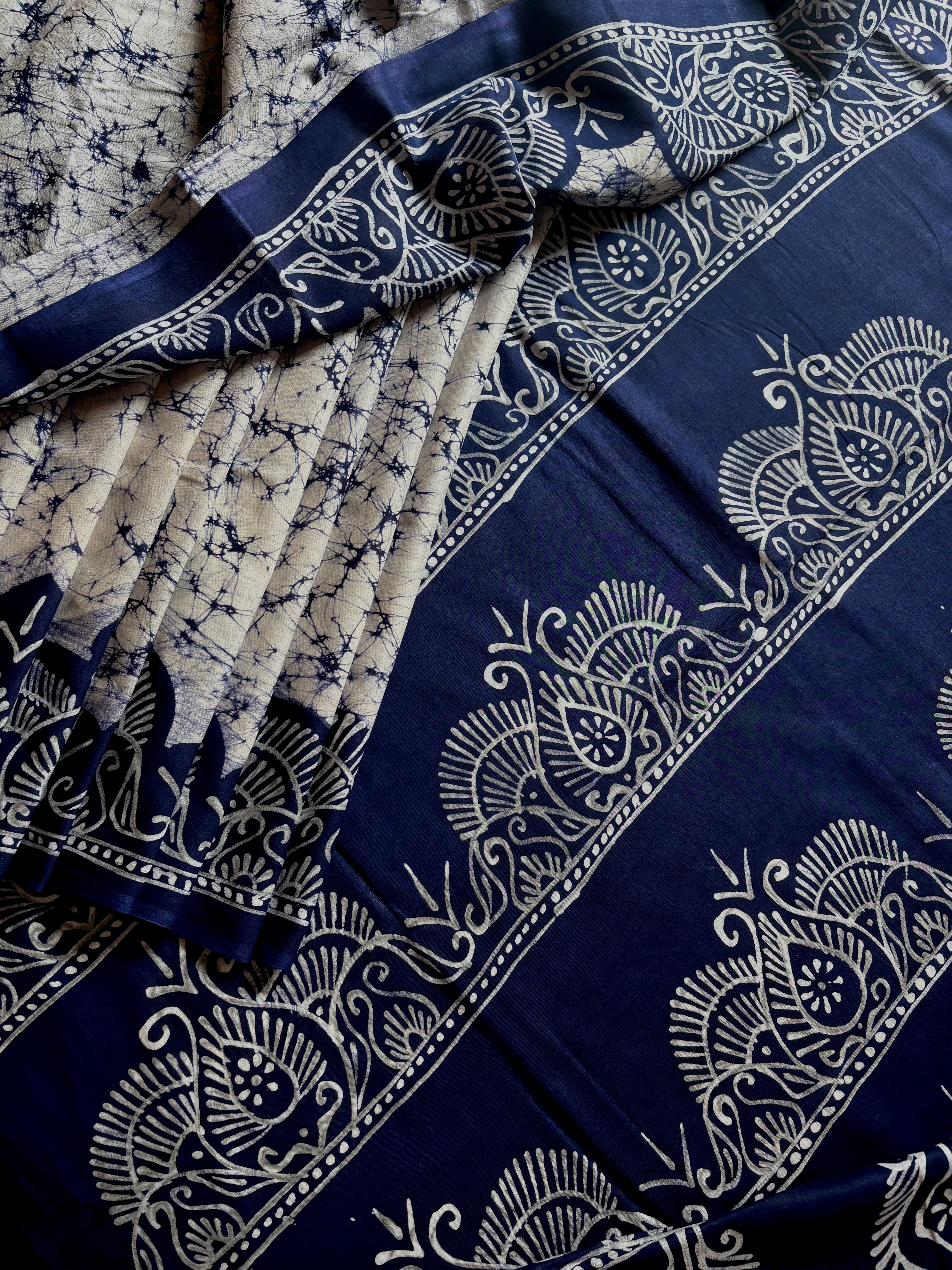 Hand Batik White Blue Mul Cotton Saree