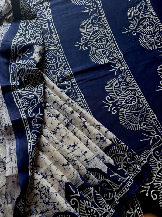 Hand Batik White Blue Mul Cotton Saree