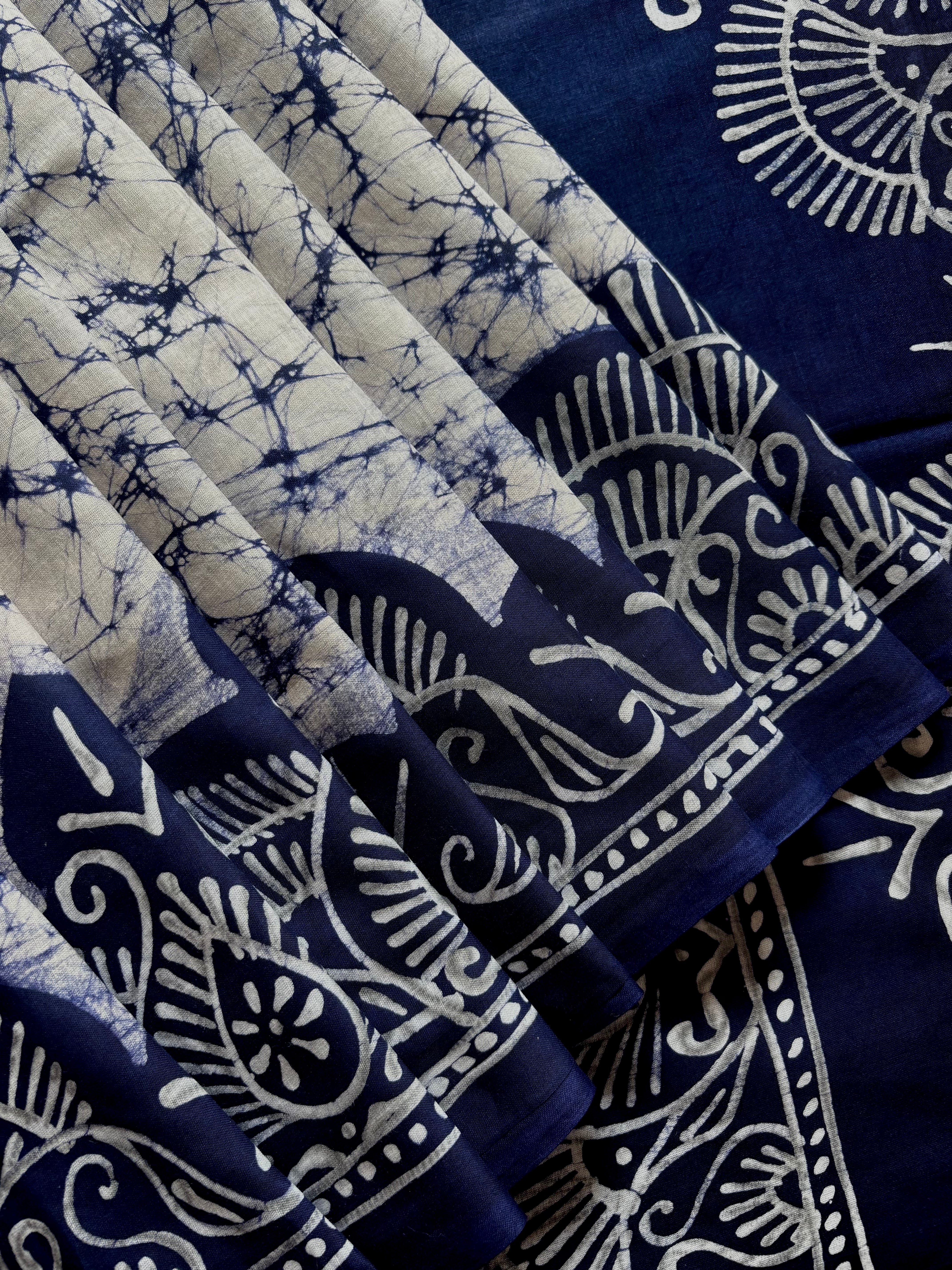 Hand Batik White Blue Mul Cotton Saree