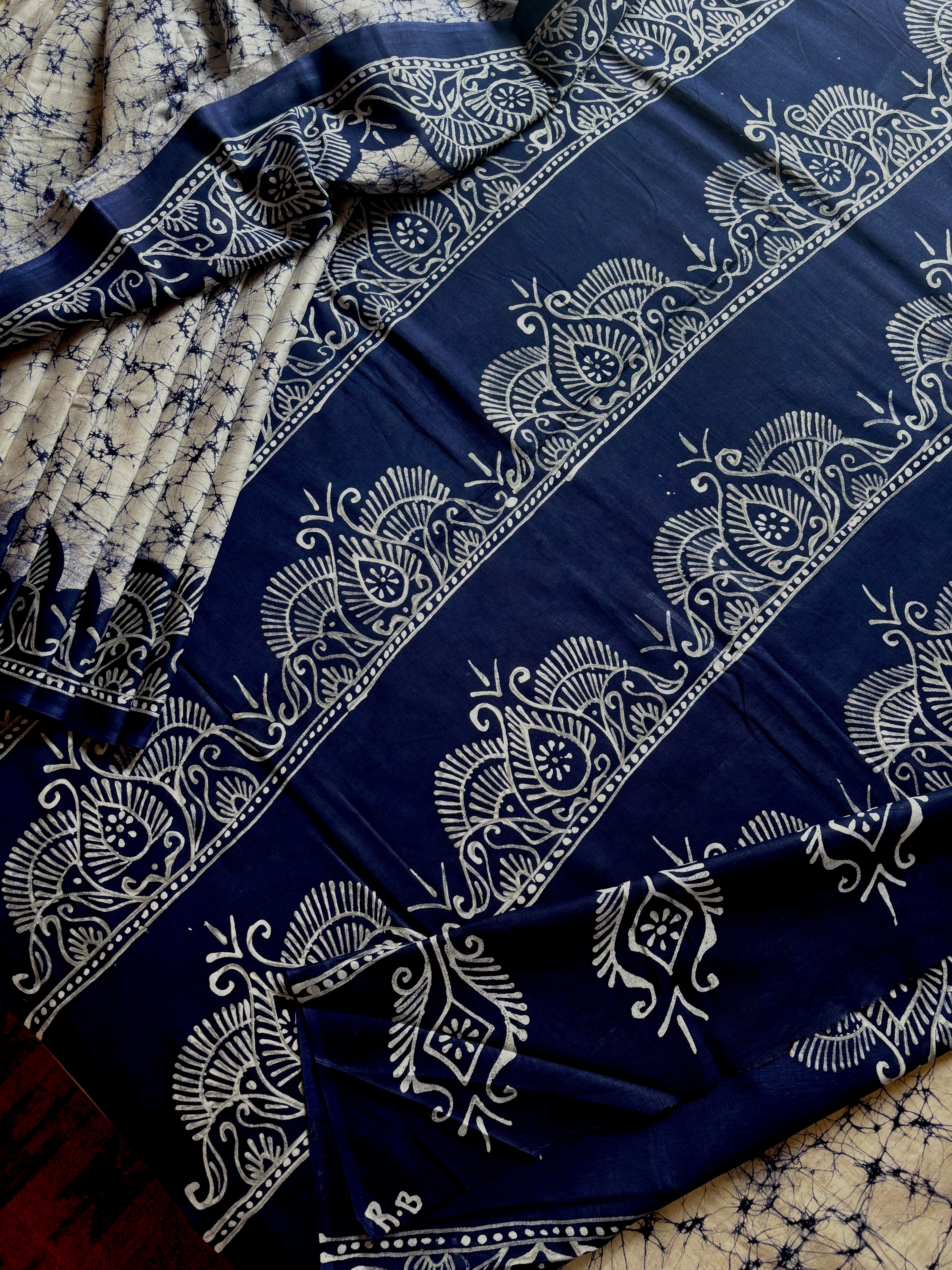 Hand Batik White Blue Mul Cotton Saree