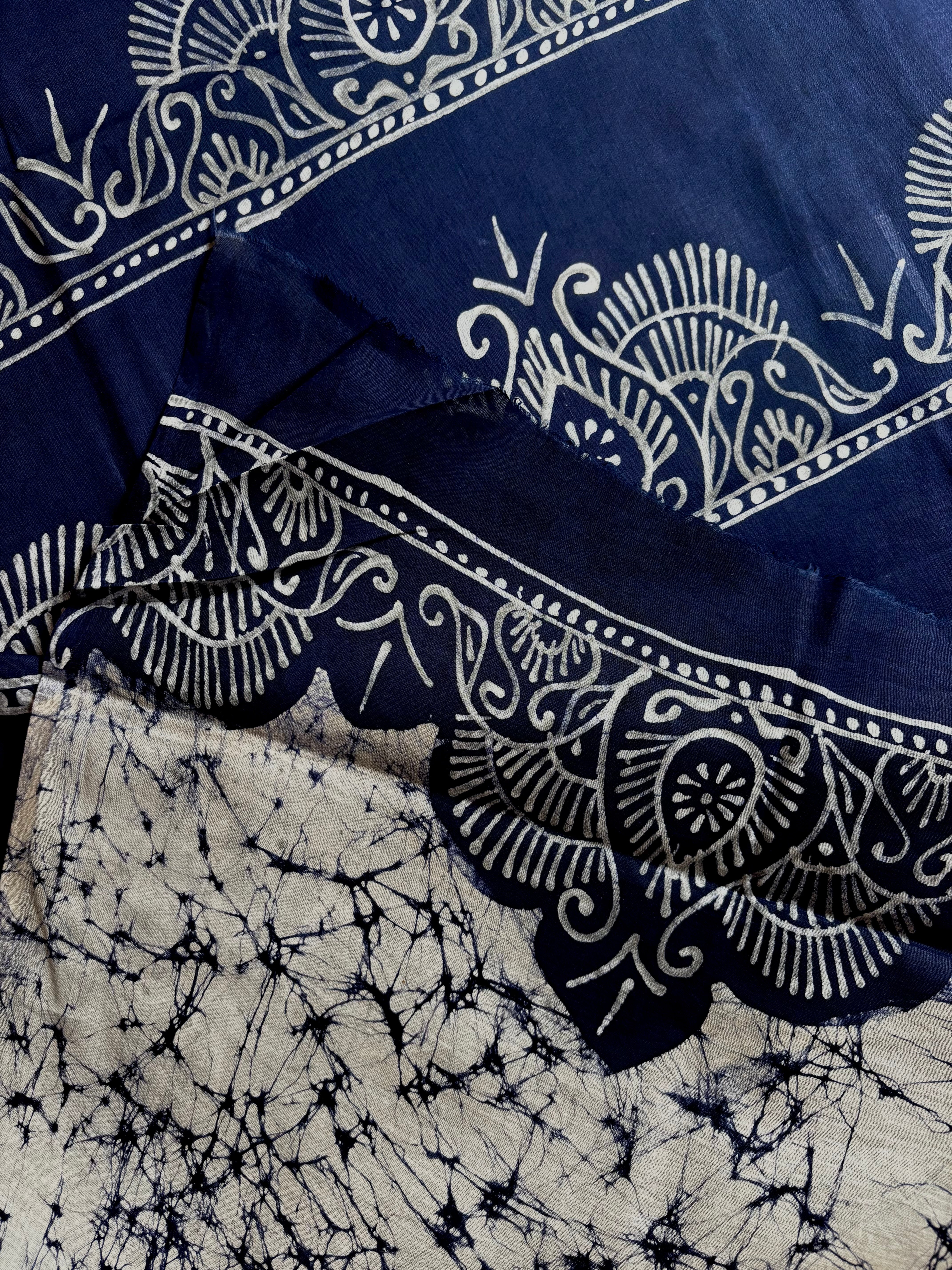 Hand Batik White Blue Mul Cotton Saree