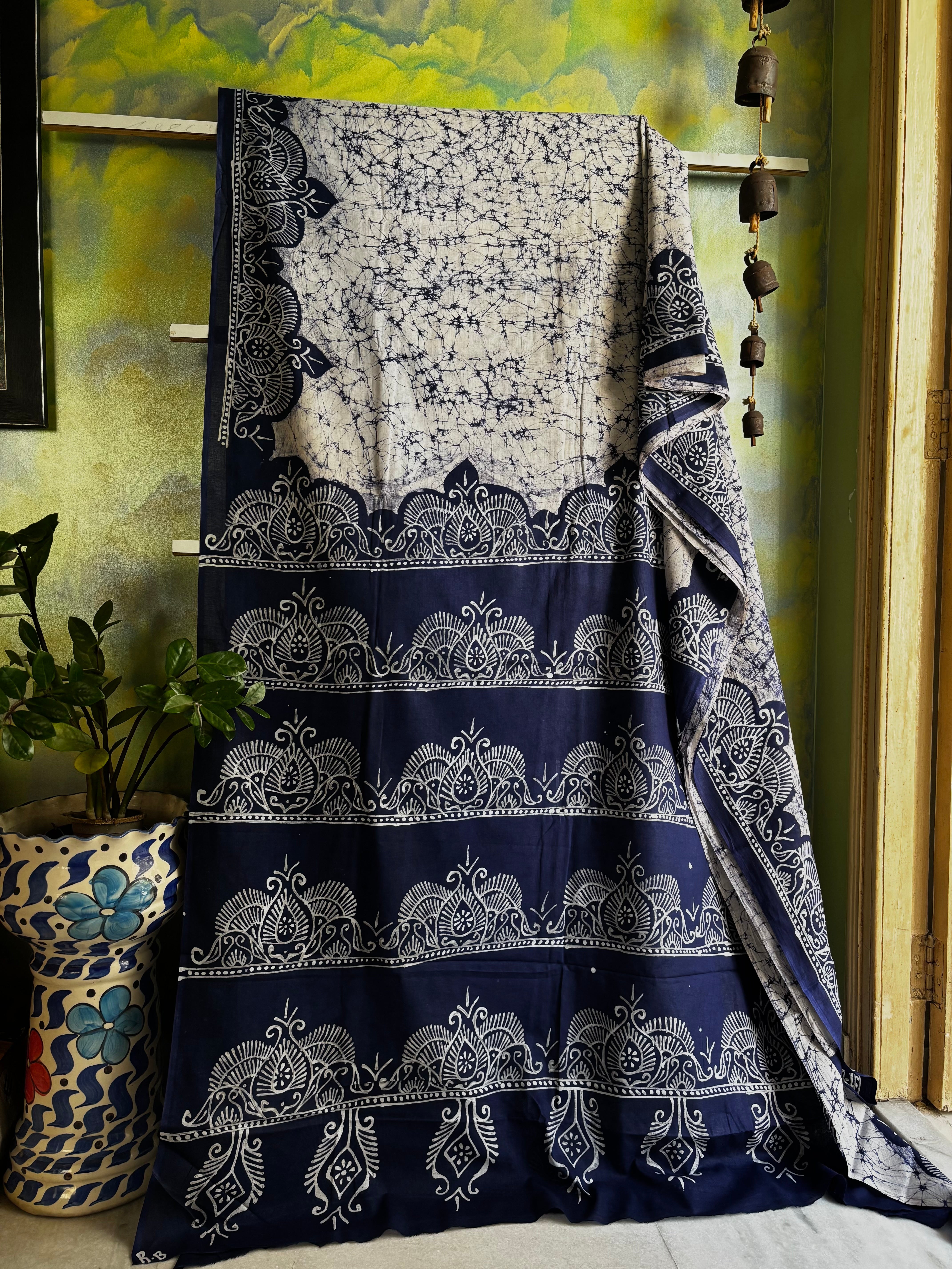 Hand Batik White Blue Mul Cotton Saree