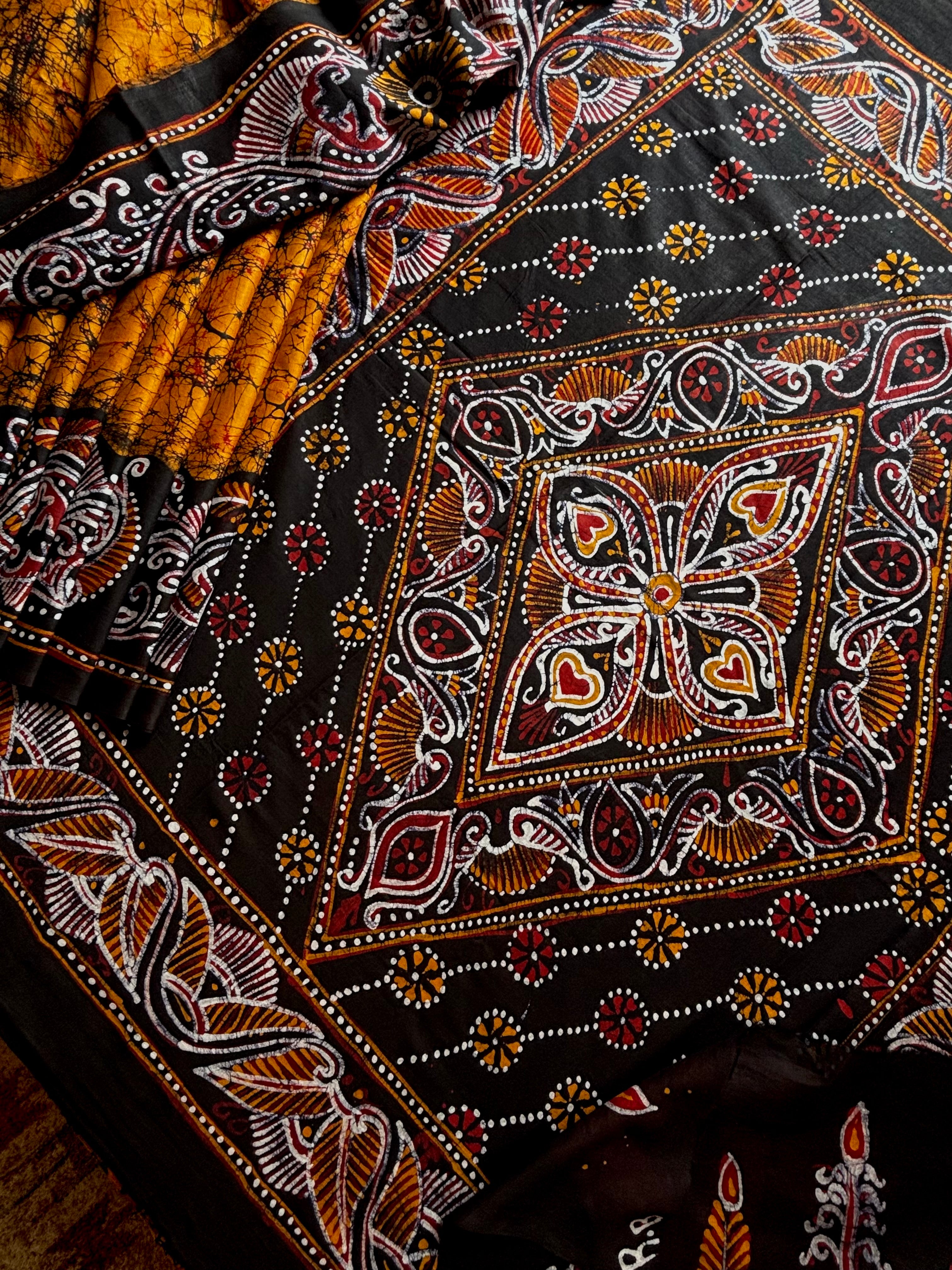 Hand Batik Mustard Mul Cotton Saree