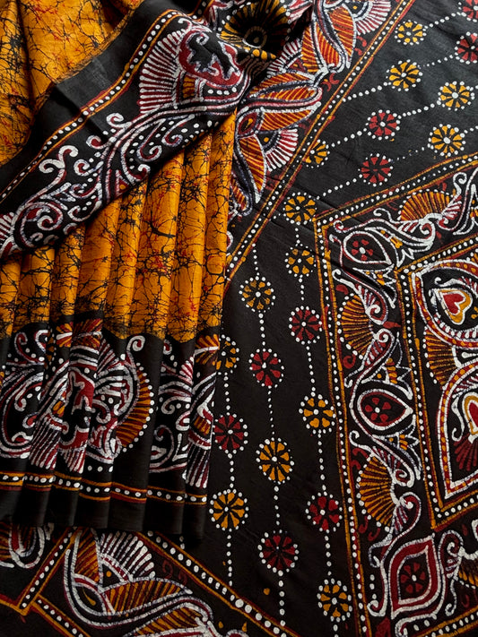 Hand Batik Mustard Mul Cotton Saree