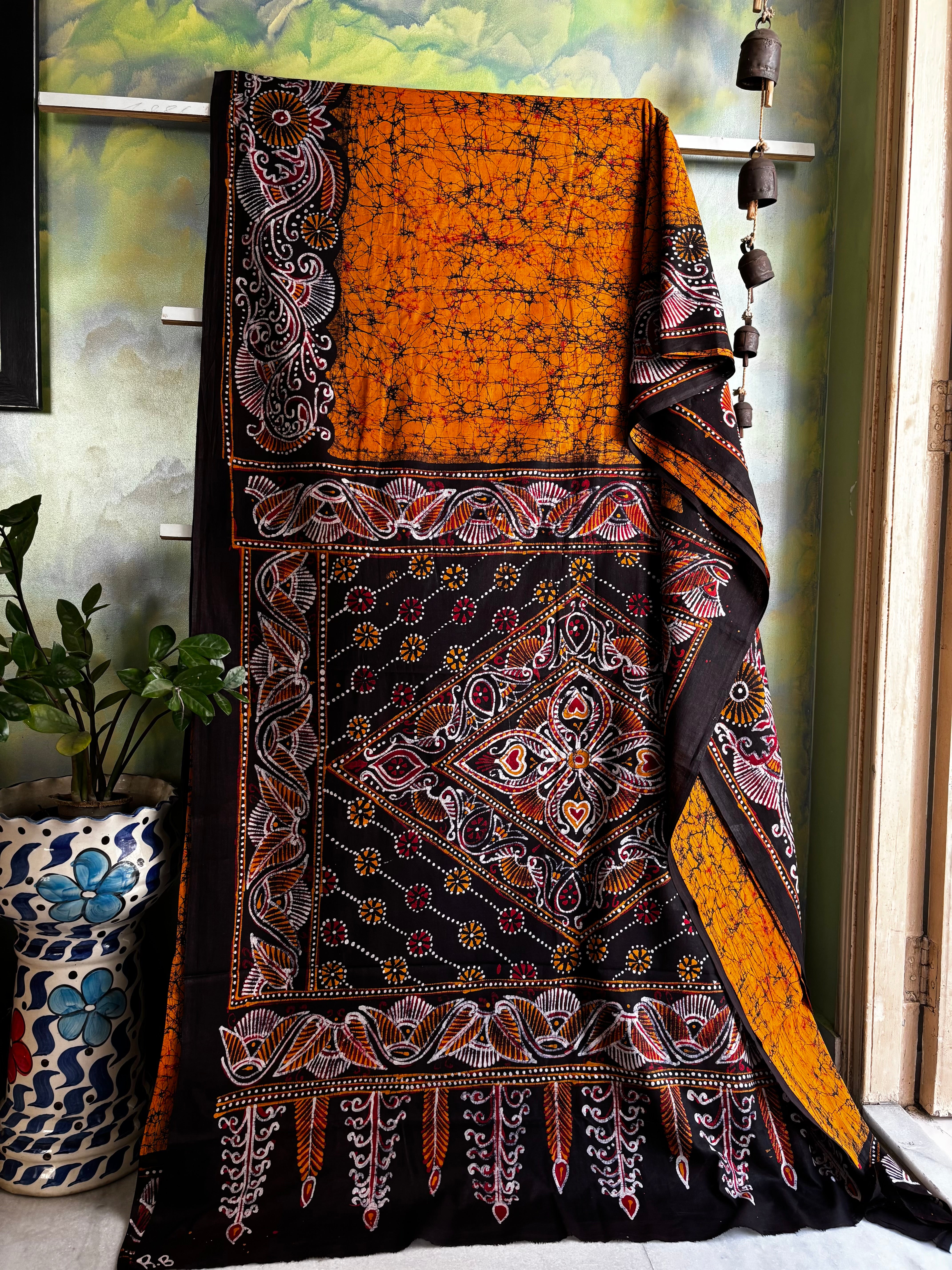 Hand Batik Mustard Mul Cotton Saree