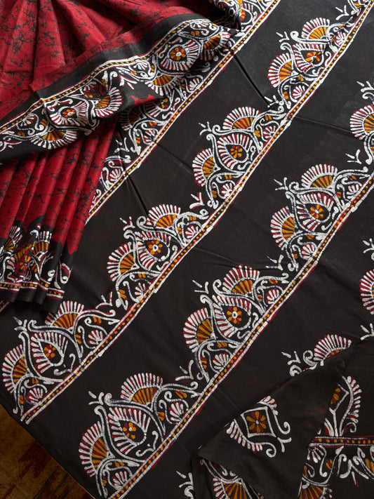 Hand Batik Maroonish Red Mul Cotton Saree