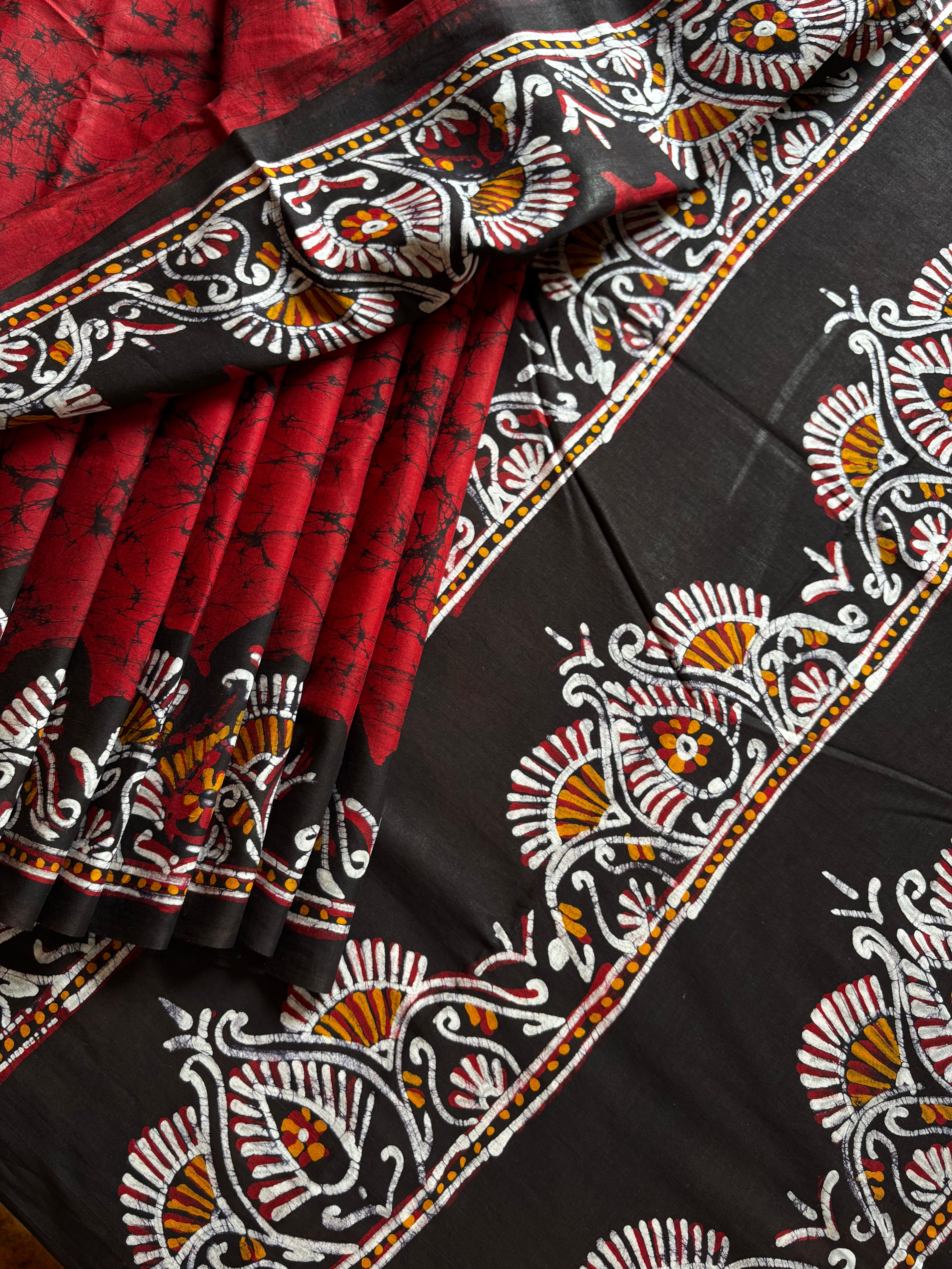 Hand Batik Maroonish Red Mul Cotton Saree