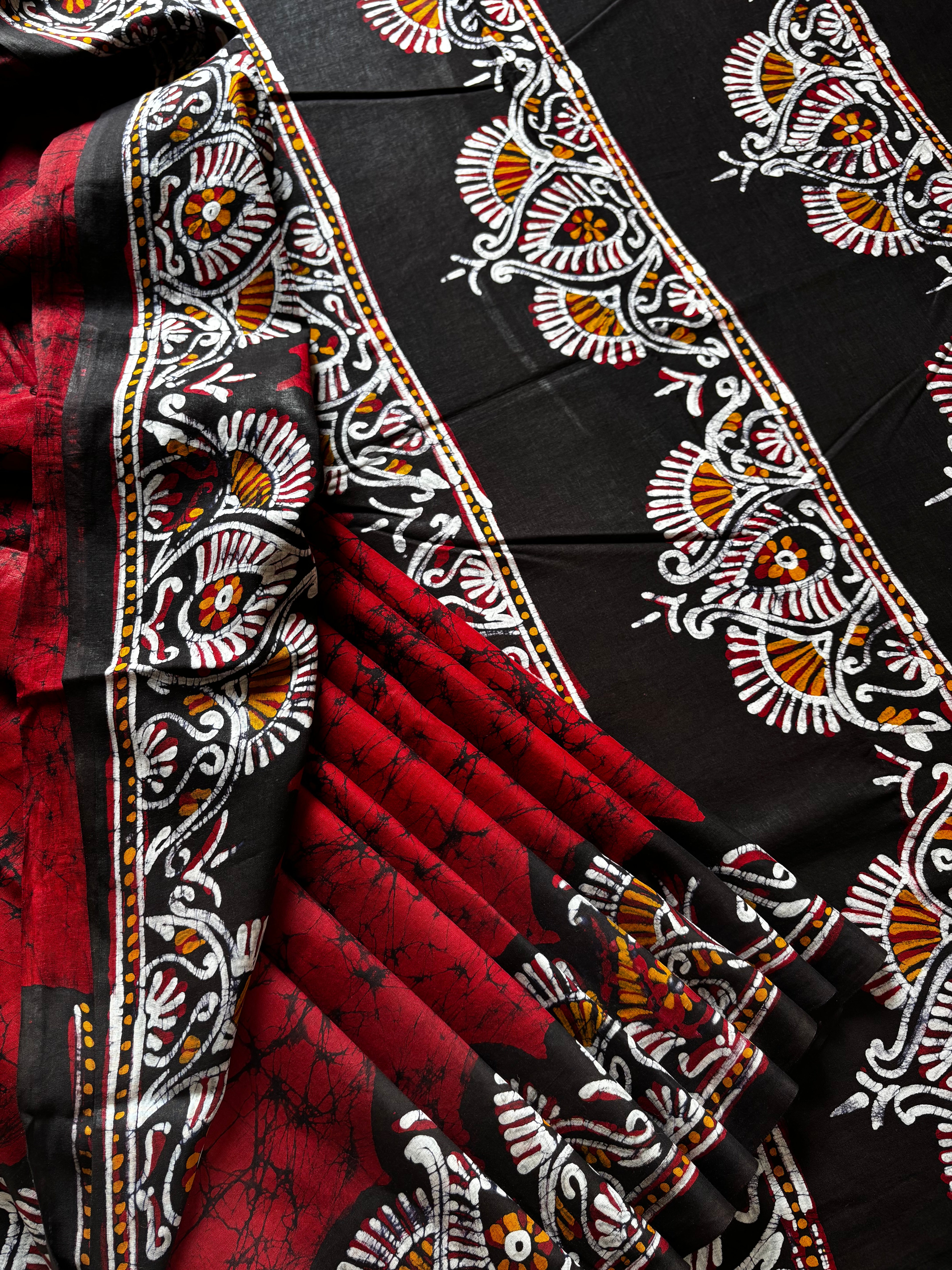 Hand Batik Maroonish Red Mul Cotton Saree