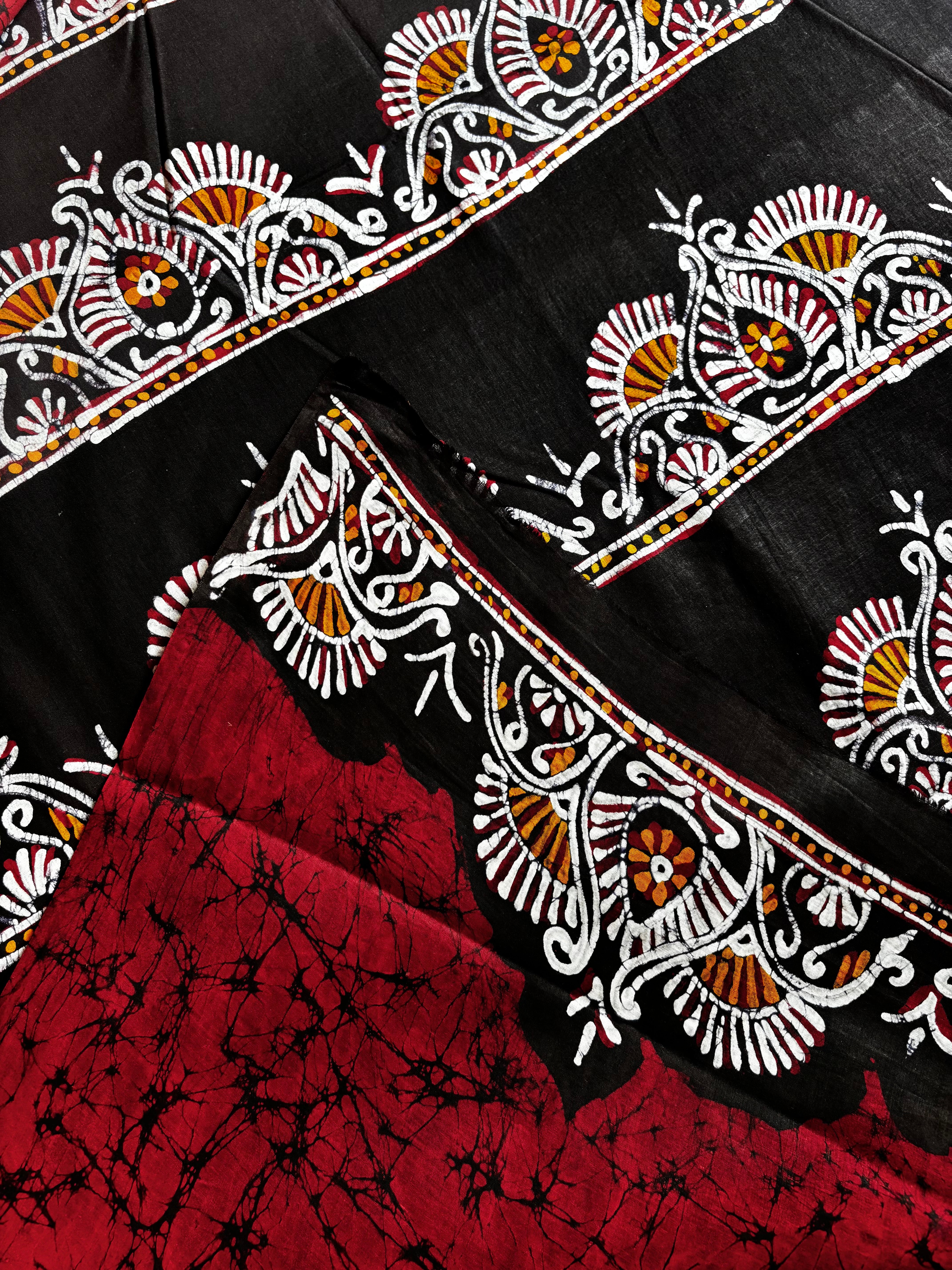 Hand Batik Maroonish Red Mul Cotton Saree