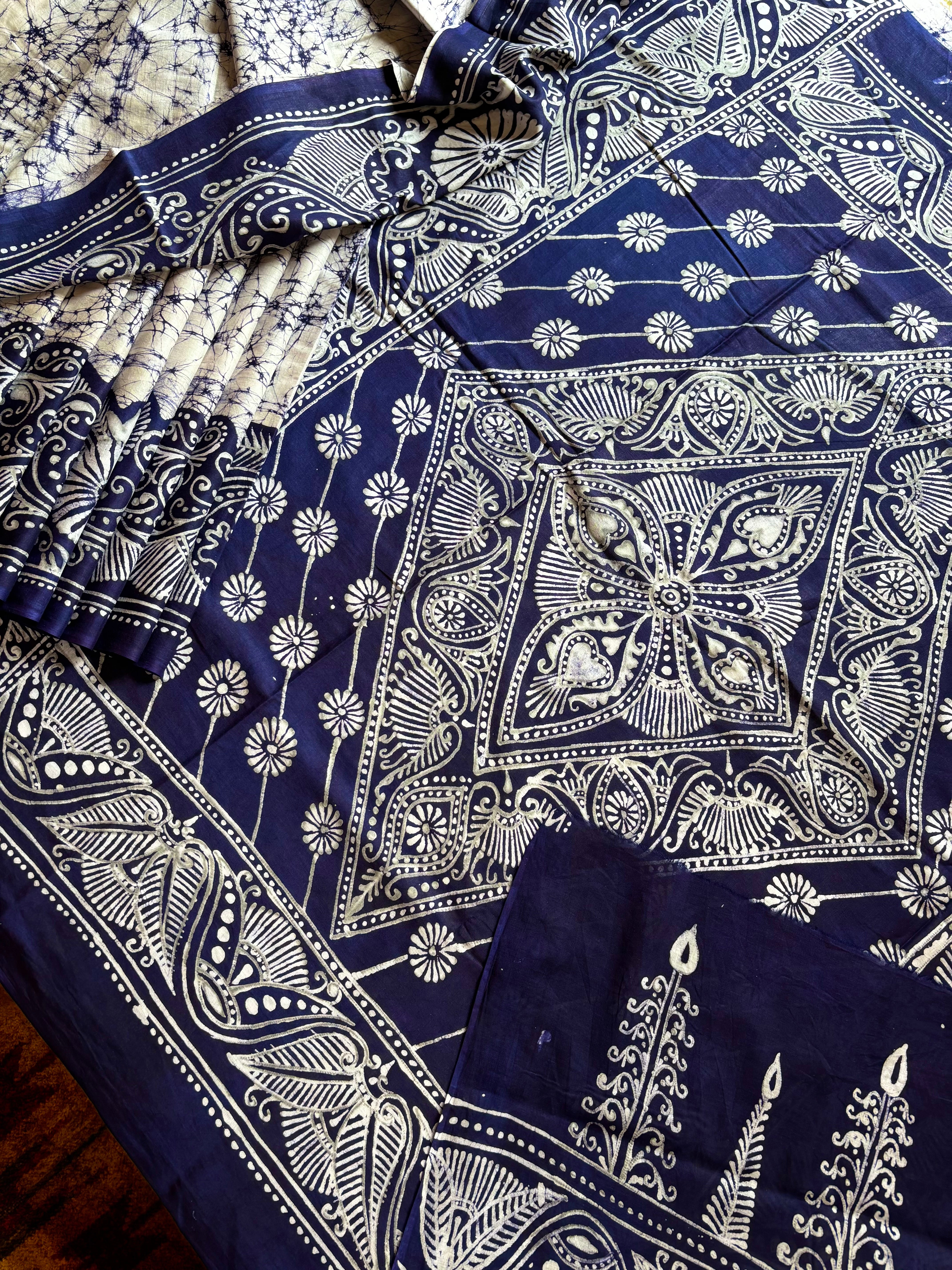 Hand Batik White Blue Mul Cotton Saree