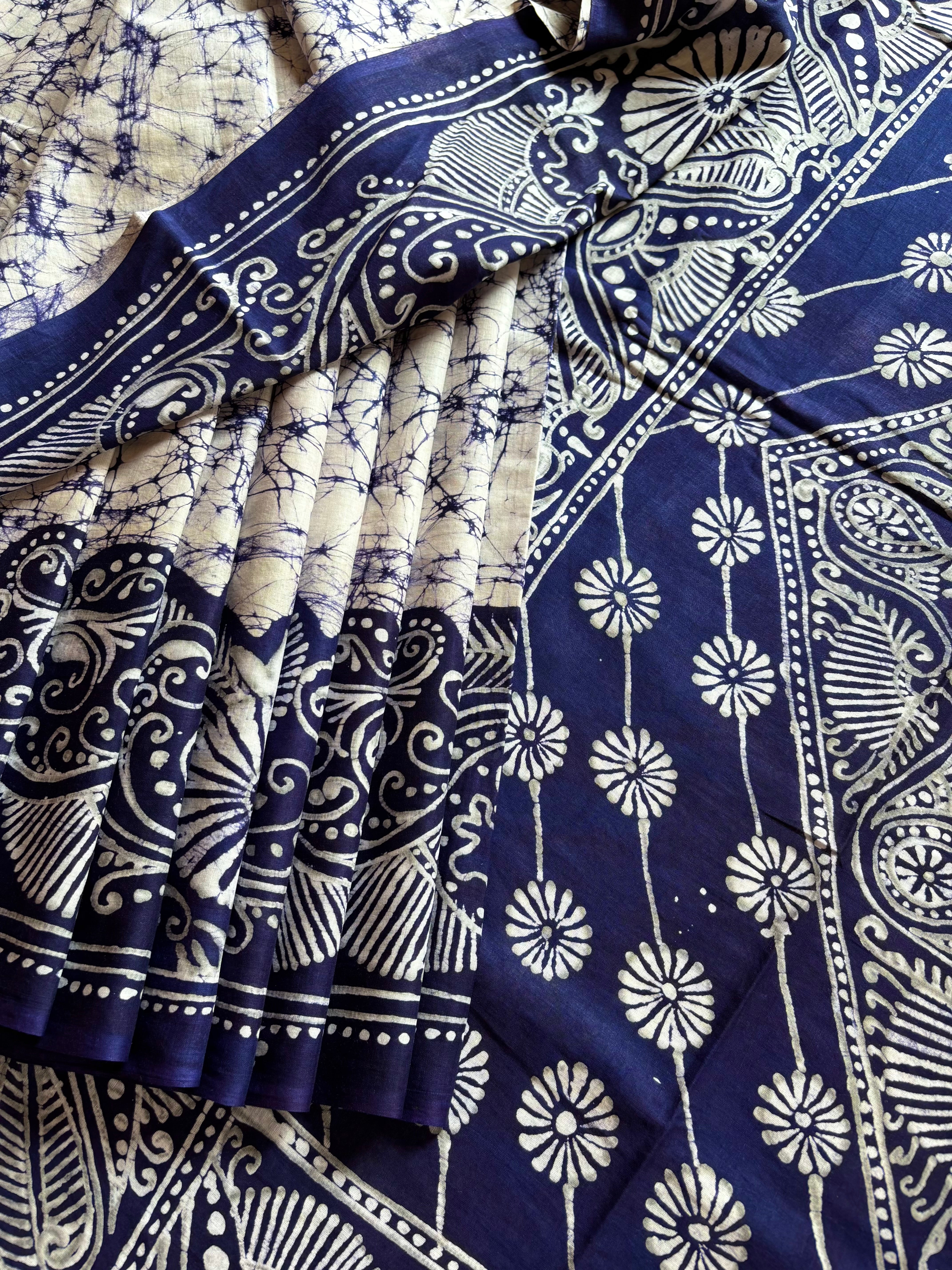 Hand Batik White Blue Mul Cotton Saree