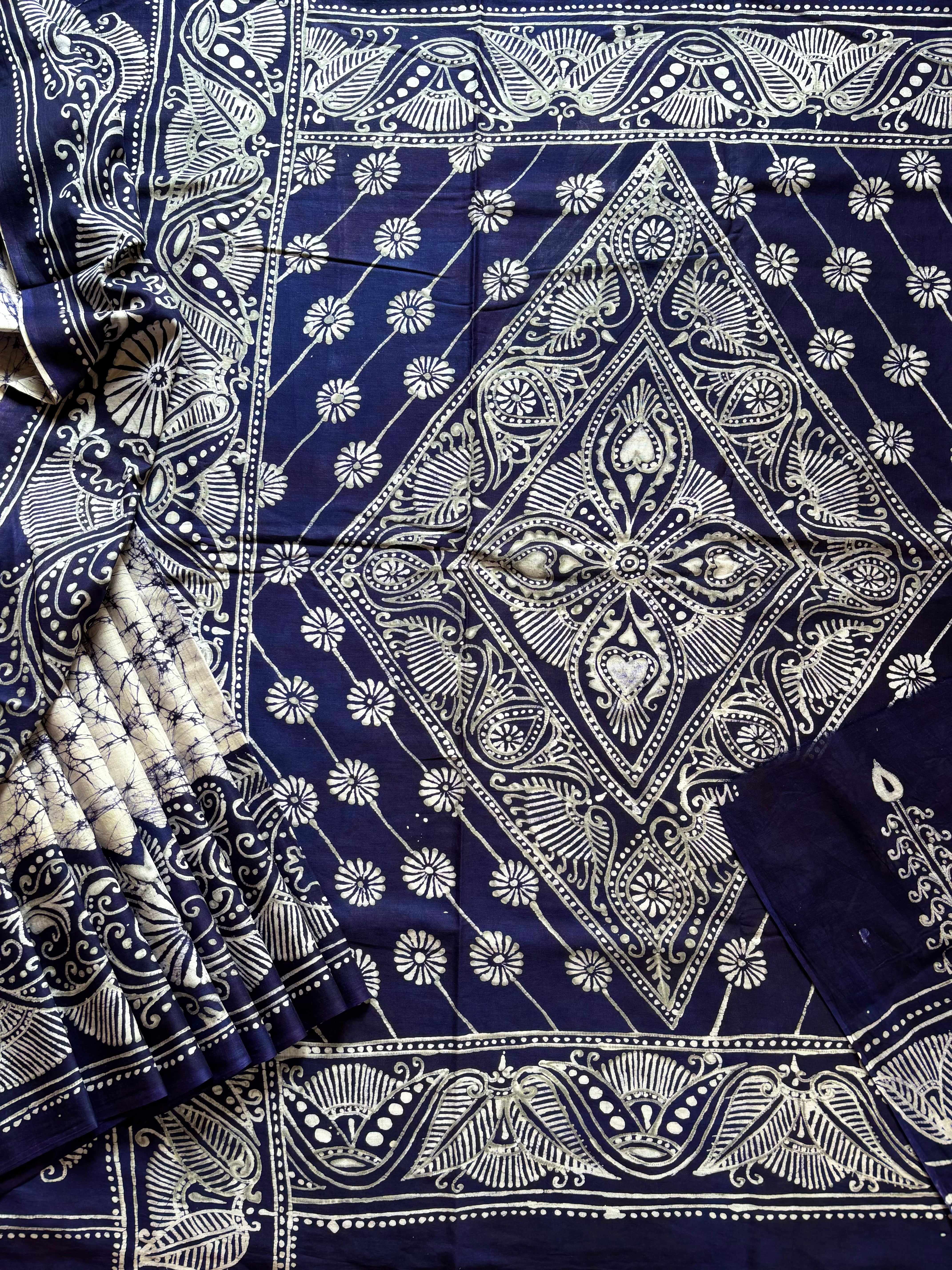 Hand Batik White Blue Mul Cotton Saree