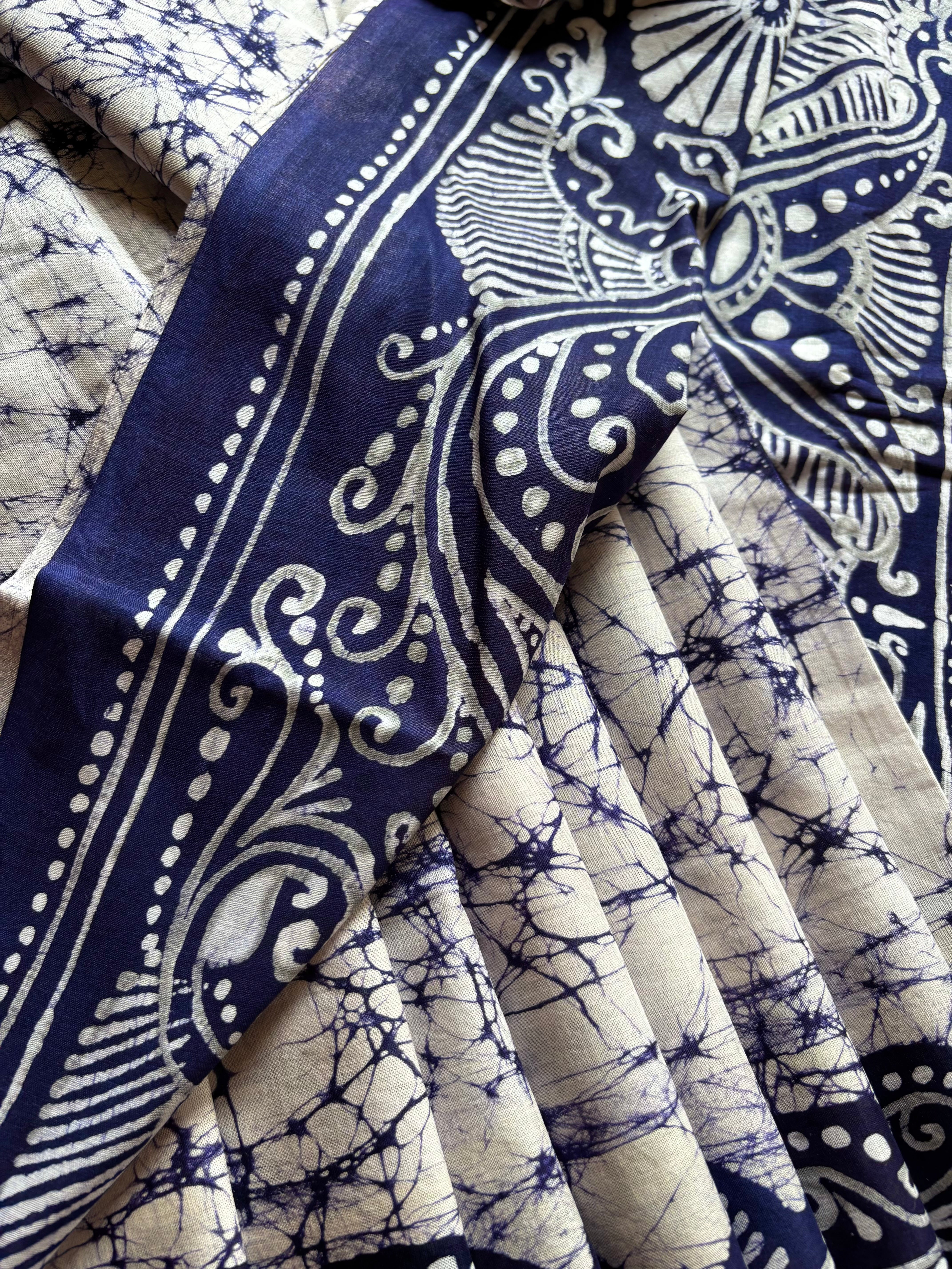 Hand Batik White Blue Mul Cotton Saree