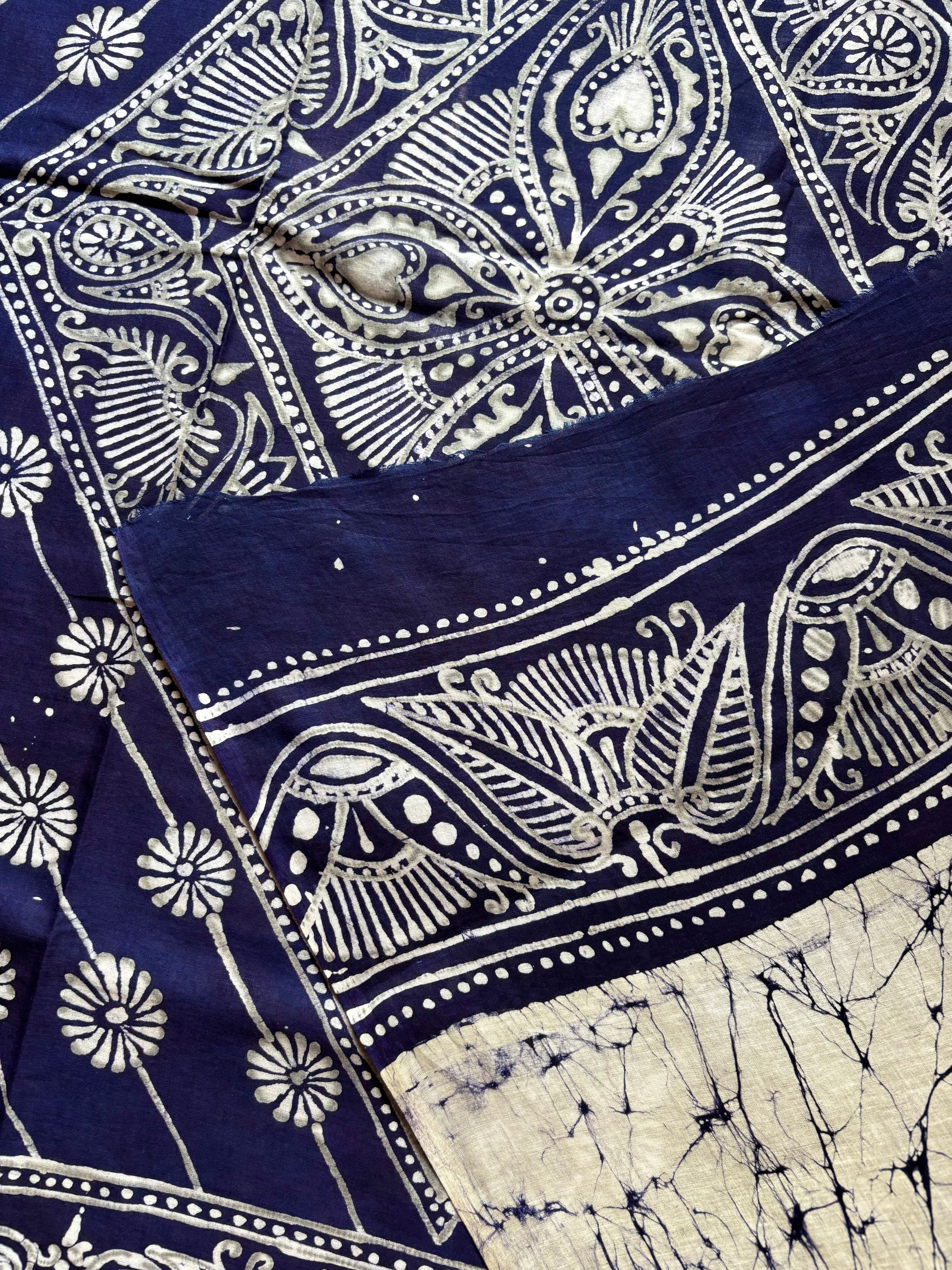 Hand Batik White Blue Mul Cotton Saree