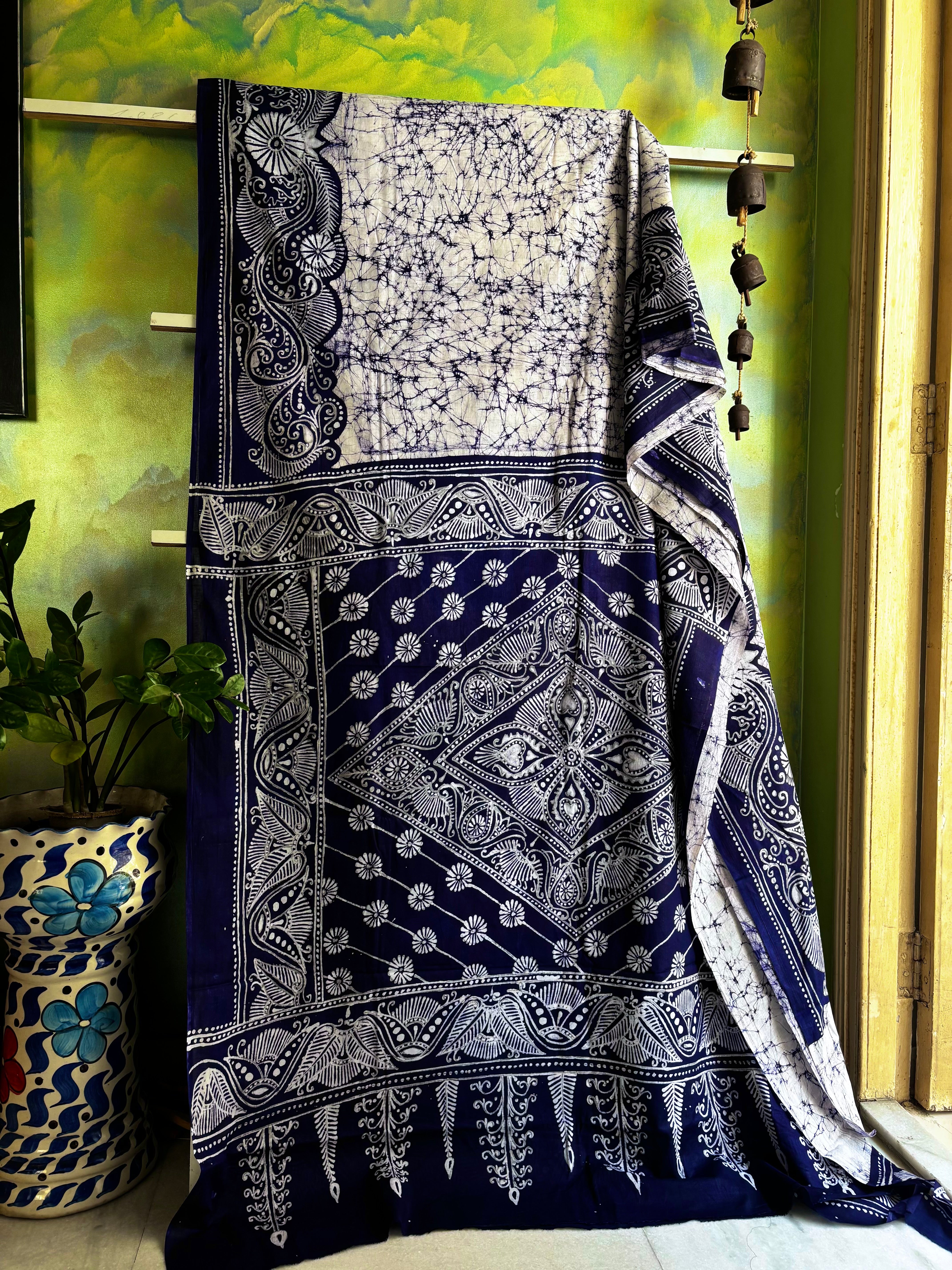 Hand Batik White Blue Mul Cotton Saree