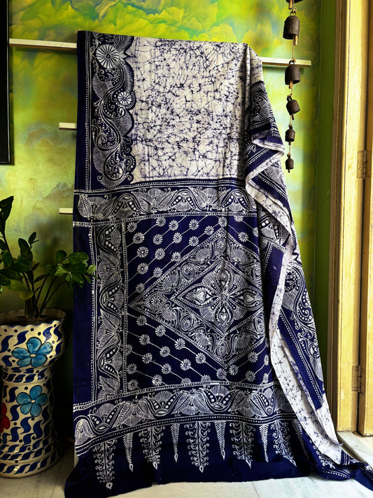 Hand Batik White Blue Mul Cotton Saree