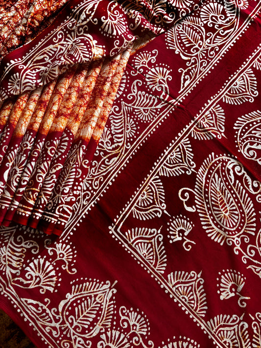 Hand Batik Orange Red Mul Cotton Saree