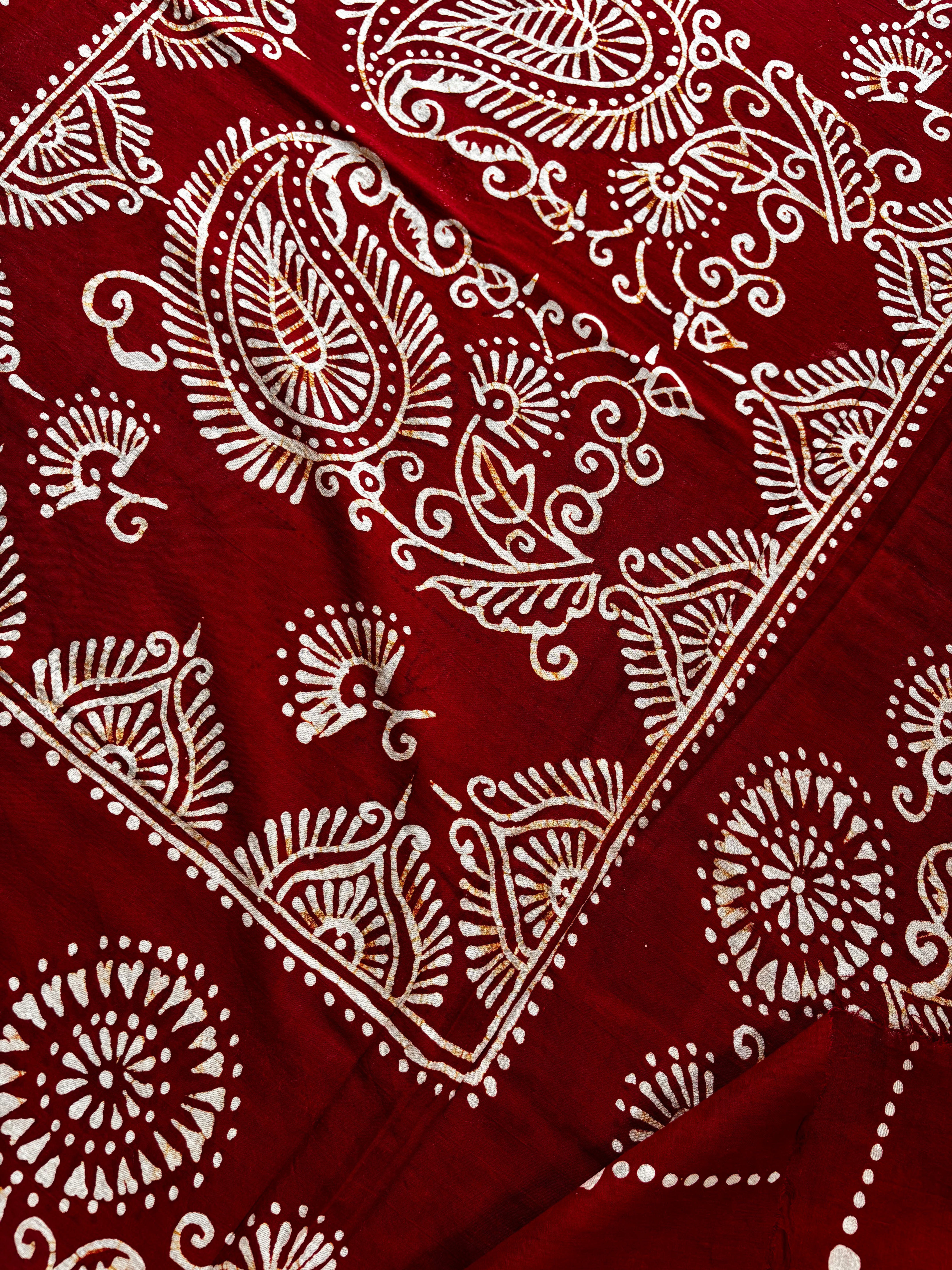 Hand Batik Orange Red Mul Cotton Saree