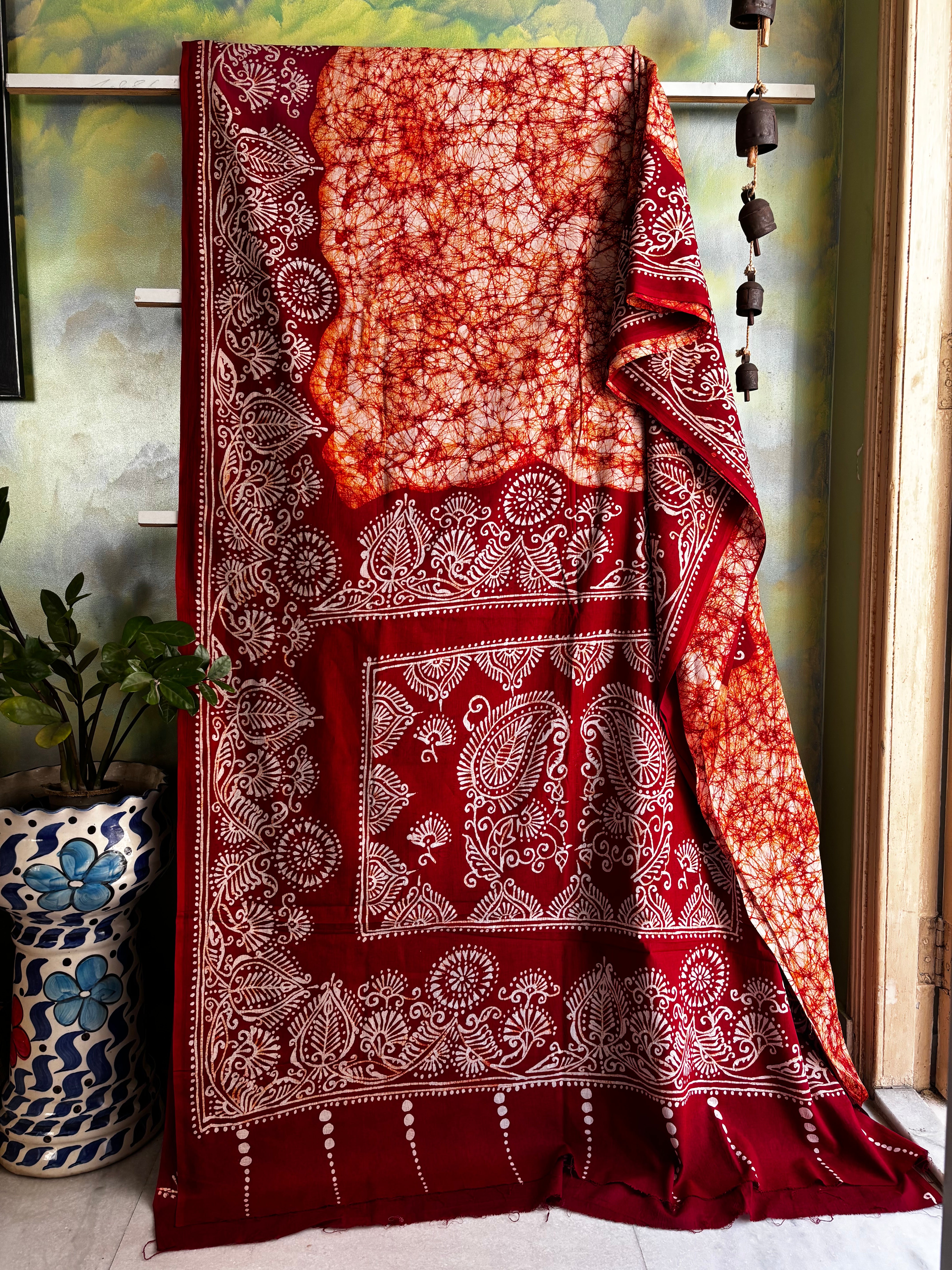 Hand Batik Orange Red Mul Cotton Saree