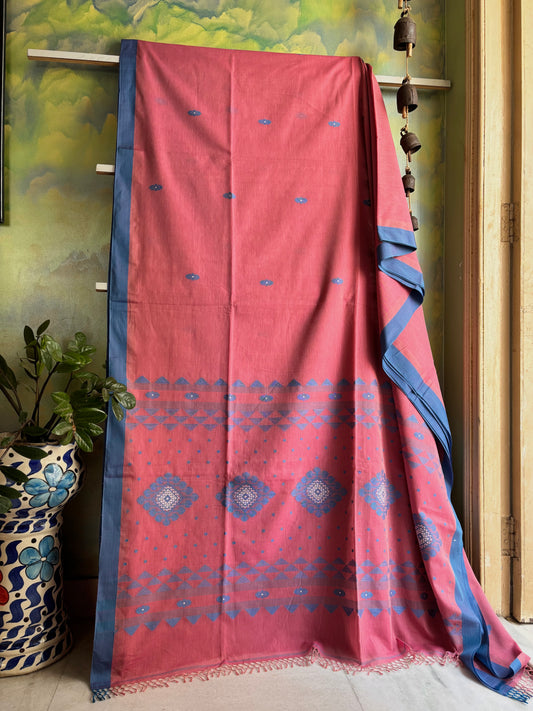 Handwoven Peachish Pink Colour Cotton Jamdani Saree
