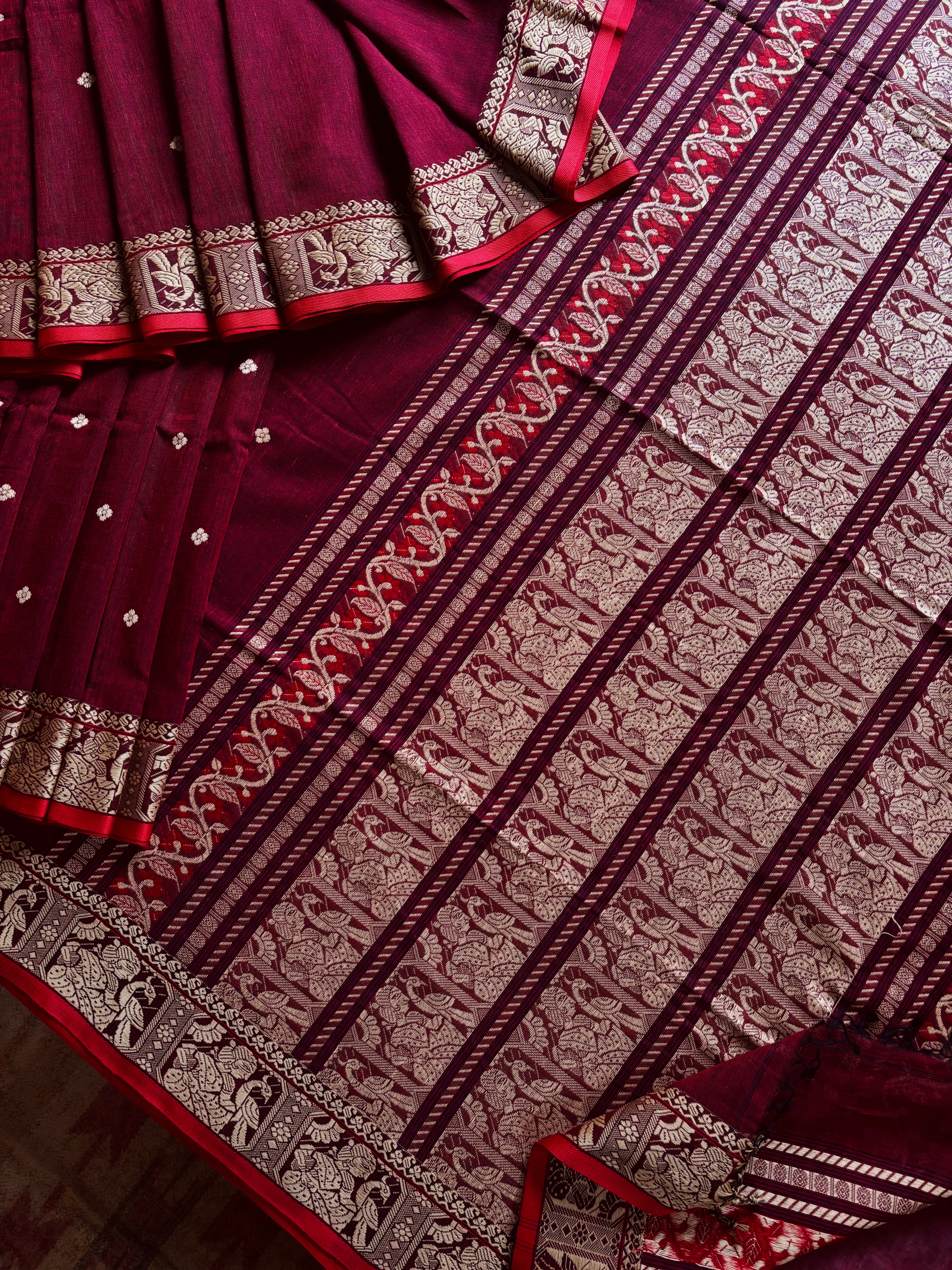 Handwoven Maroon Cotton Baluchari Saree