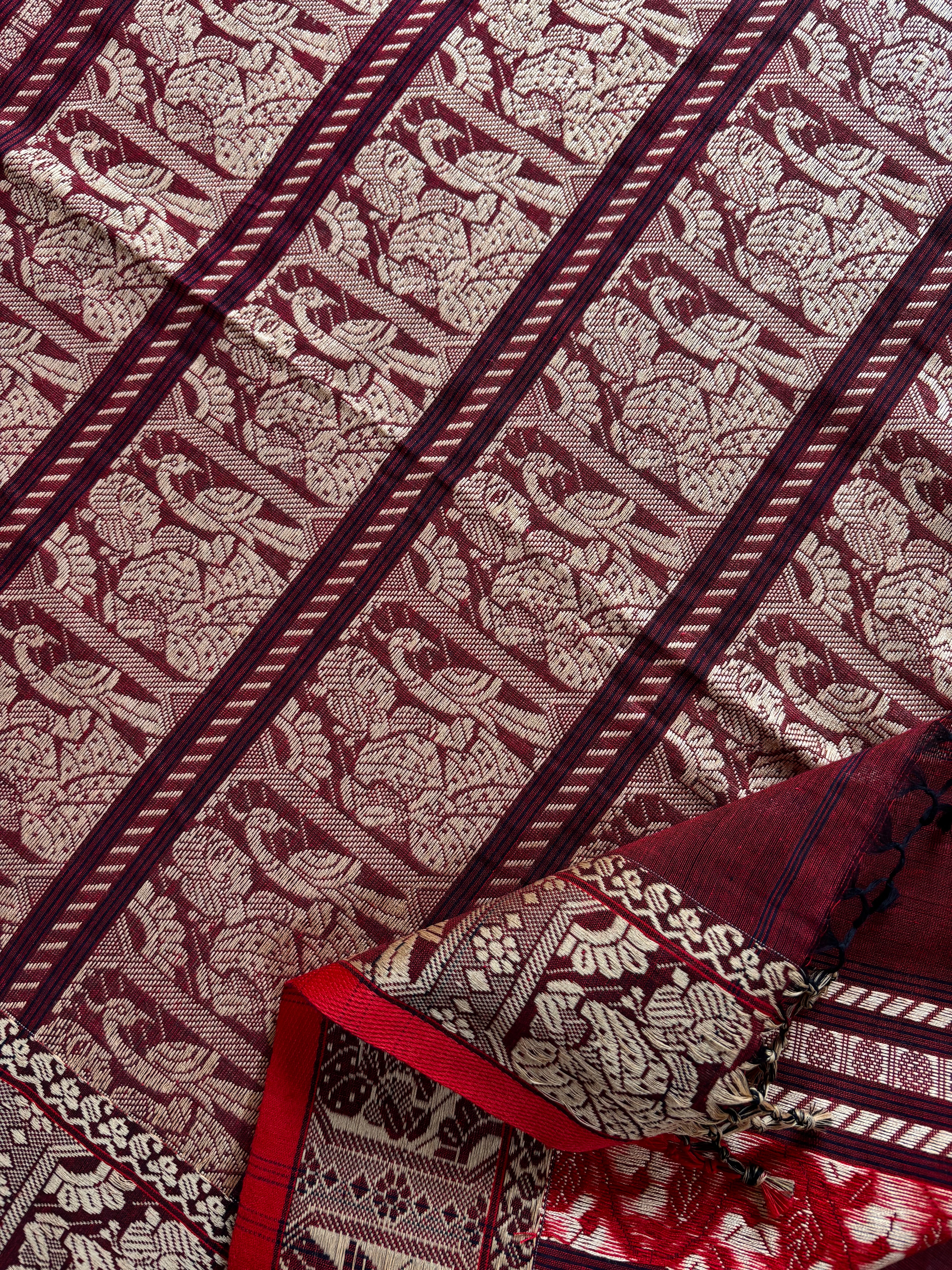 Handwoven Maroon Cotton Baluchari Saree