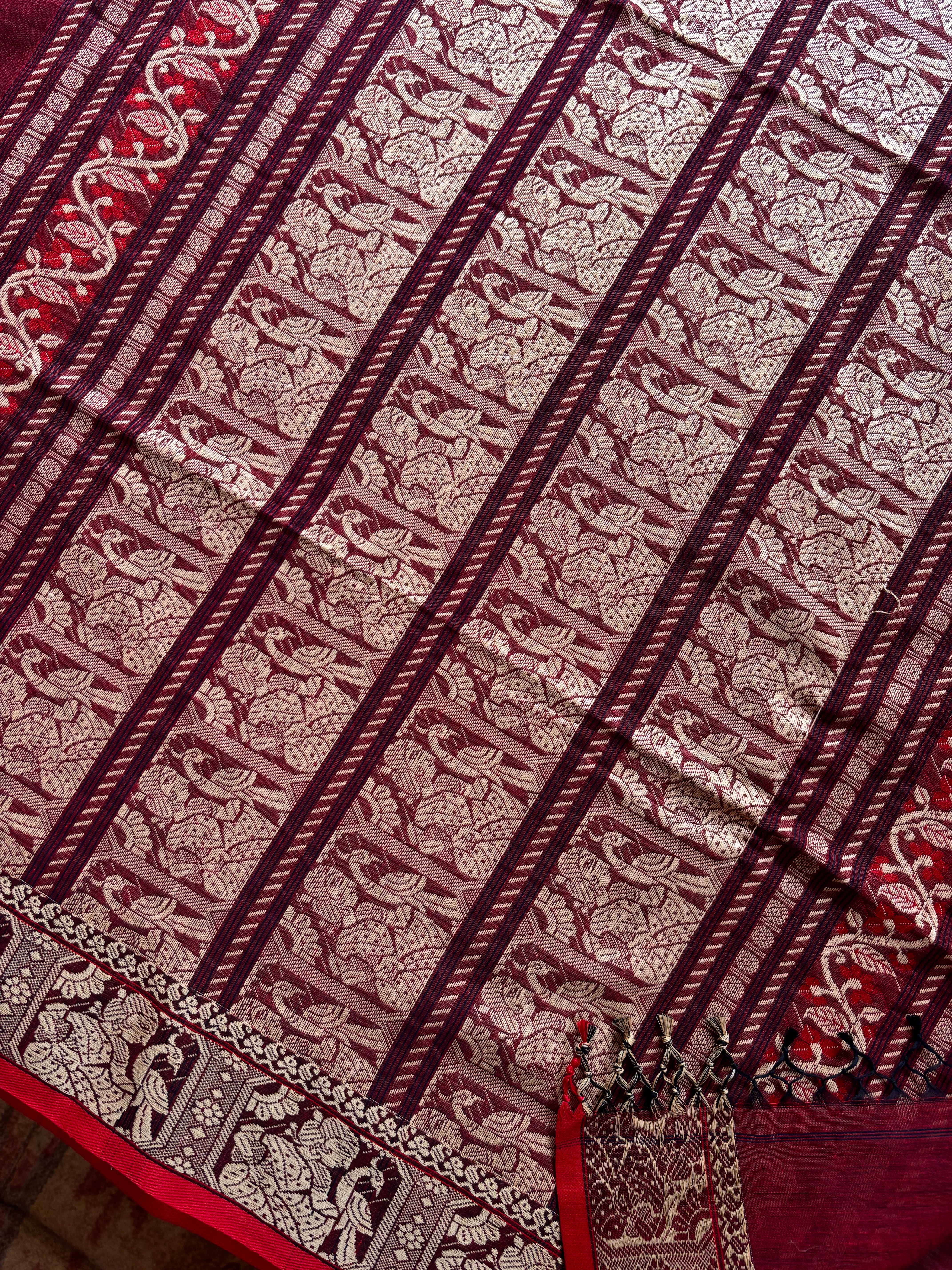 Handwoven Maroon Cotton Baluchari Saree