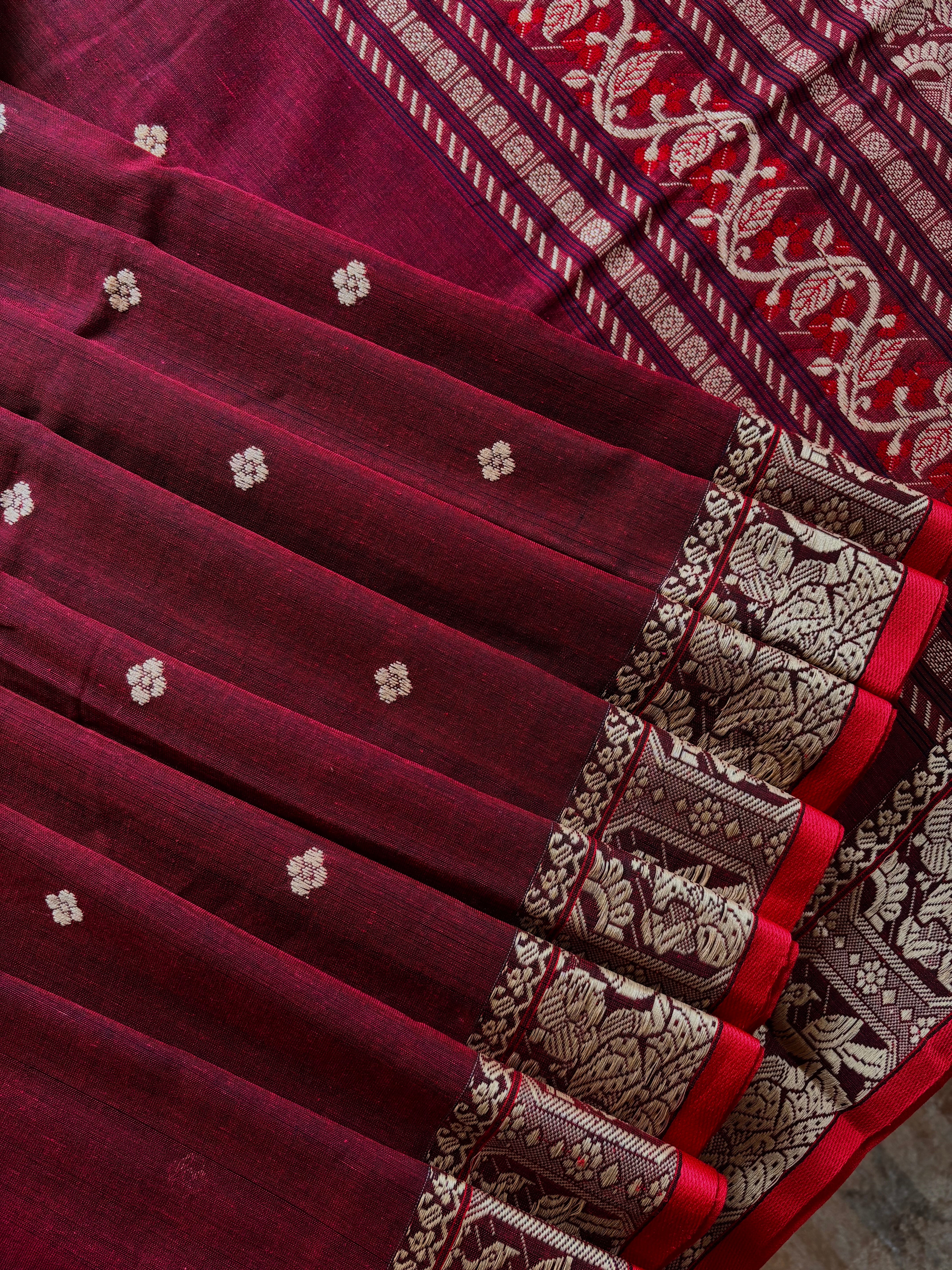Handwoven Maroon Cotton Baluchari Saree