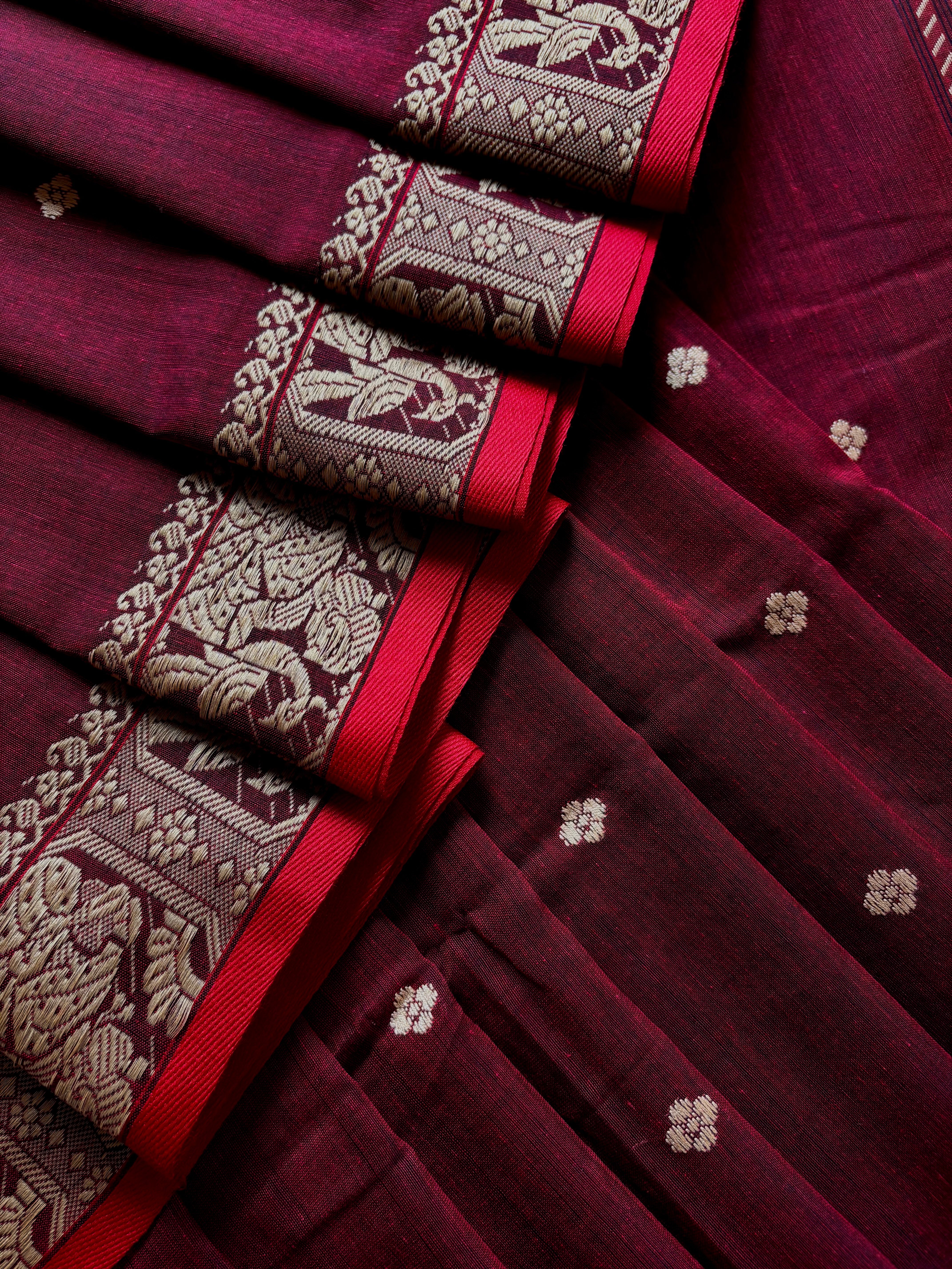 Handwoven Maroon Cotton Baluchari Saree