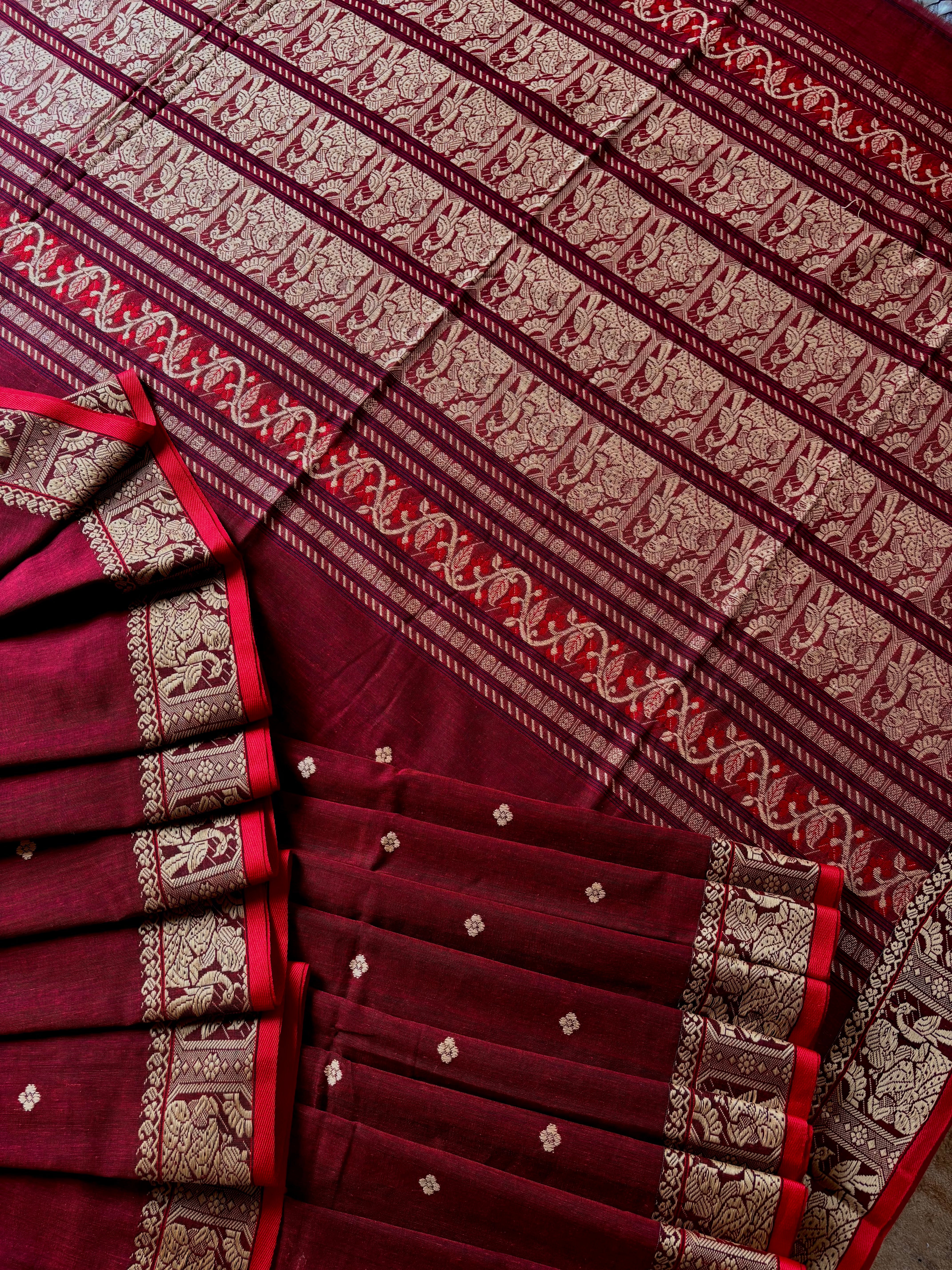 Handwoven Maroon Cotton Baluchari Saree