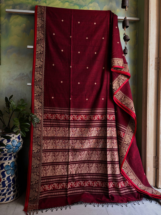 Handwoven Maroon Cotton Baluchari Saree