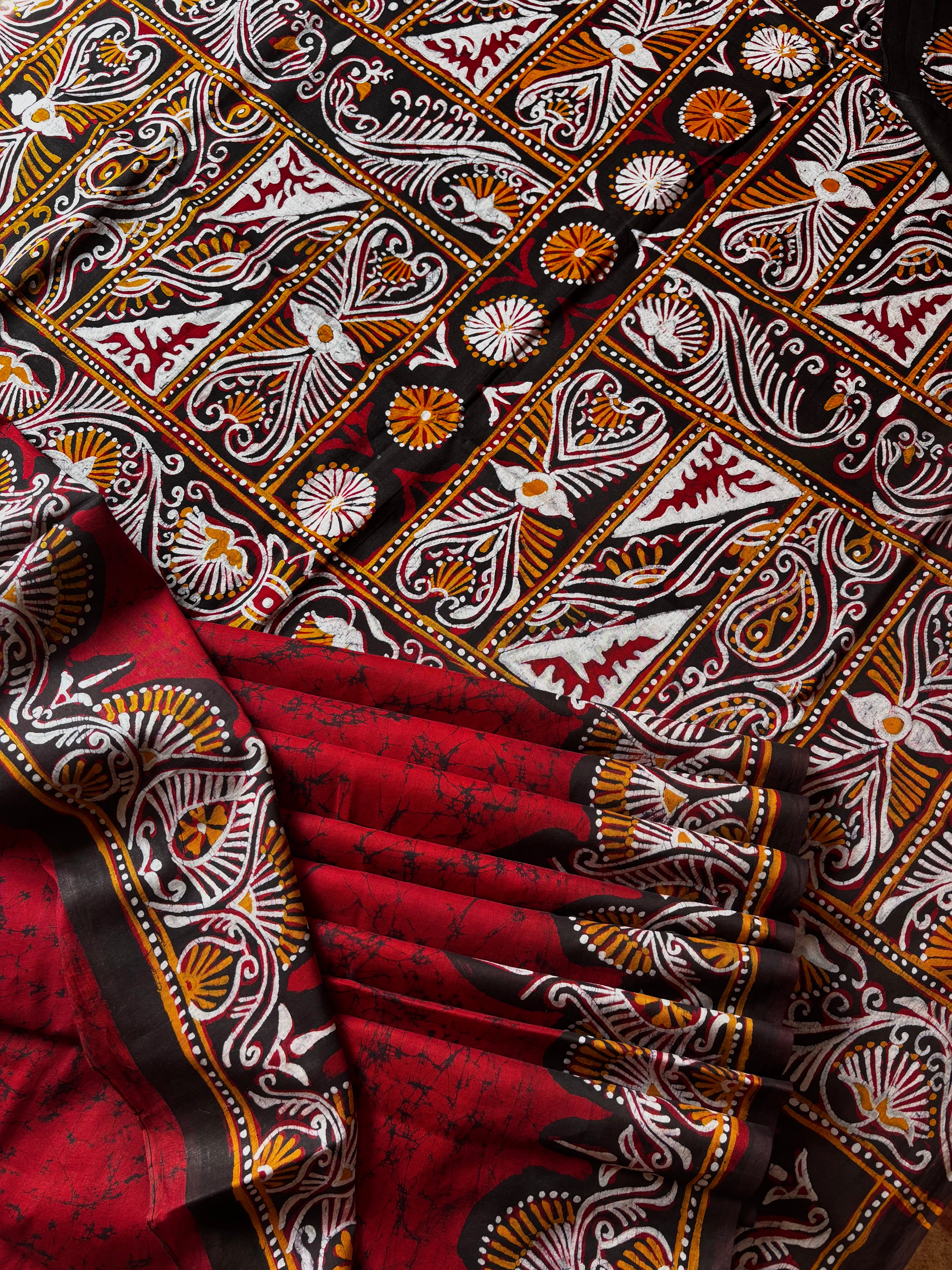 Handmade Pure Cotton Red Colour Batik Saree